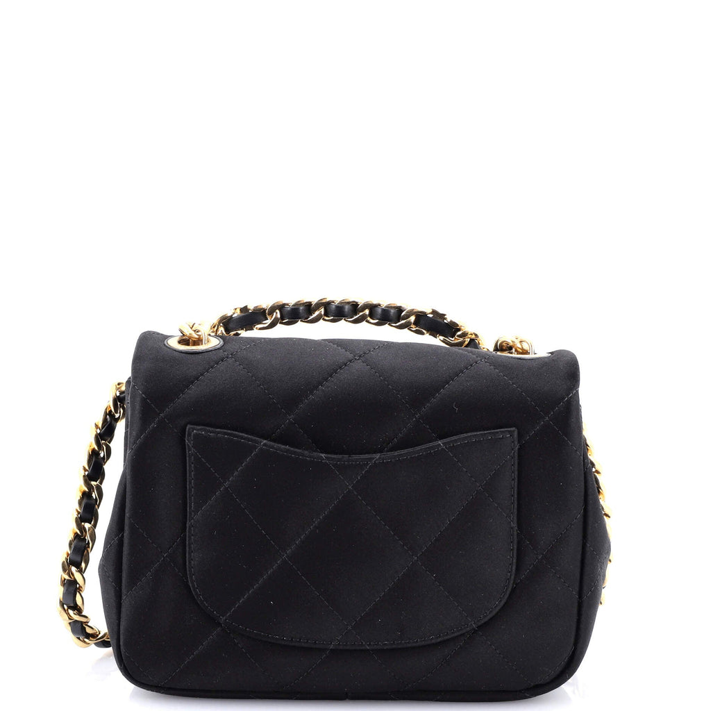 Oval Logo Chain Handle Flap Bag Quilted Satin with Crystals Mini