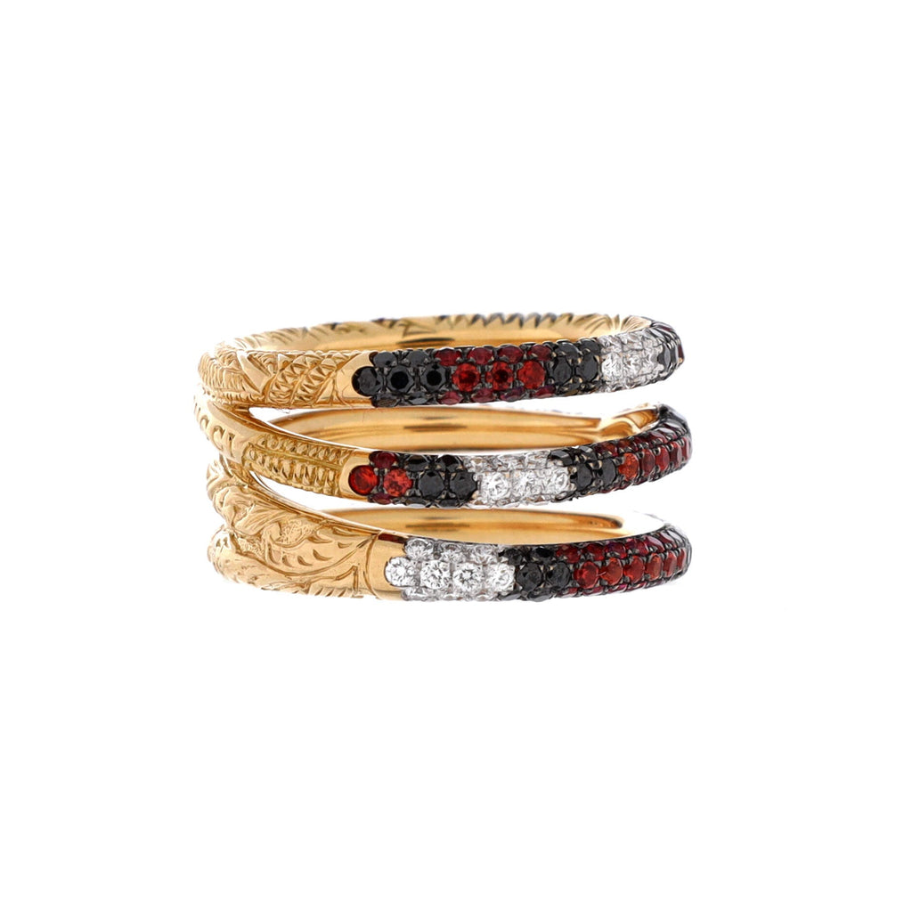 Ouroboros Snake 3 Row Ring 18K Yellow Gold with Diamonds, Topaz and Sapphire