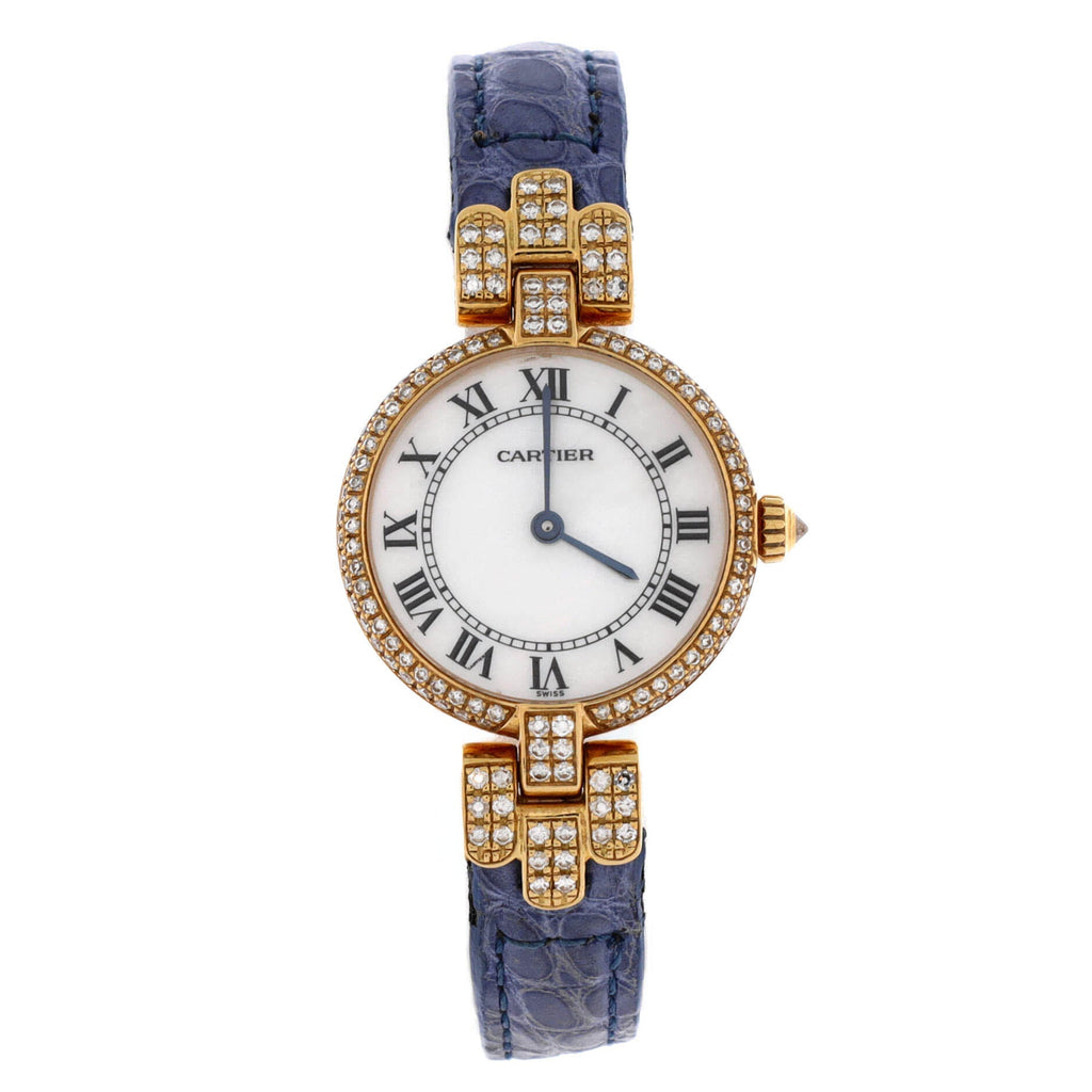 Vendome Quartz Watch Yellow Gold and Alligator with Diamond Bezel and Lugs 24