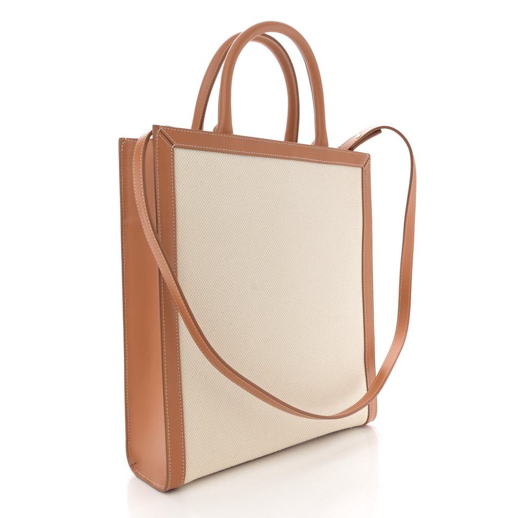 Canvas Calfskin Logo Print Small Vertical Cabas Natural Tan