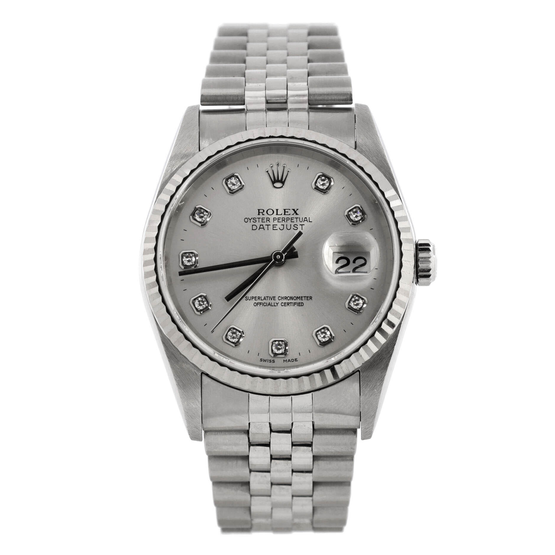 Oyster Perpetual Datejust Automatic Watch Stainless Steel and White Gold with Diamond Markers 36