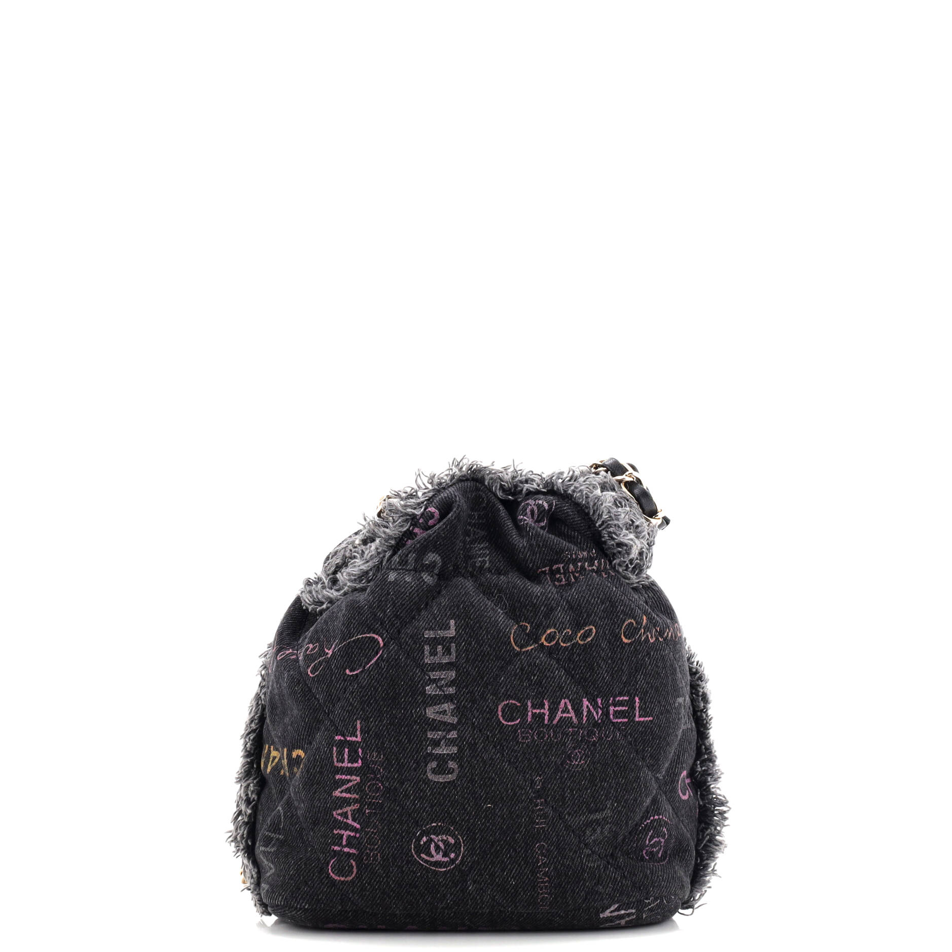 Denim Mood Chain Bucket Bag Logo Printed Quilted Fringe Denim Medium
