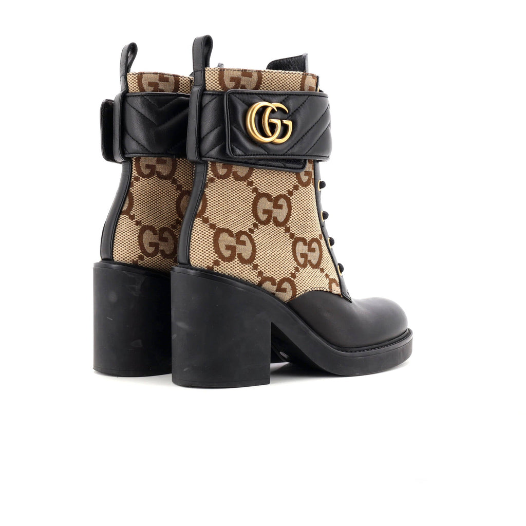 Women's GG Marmont Heeled Lace-Up Ankle Boots GG Canvas and Leather
