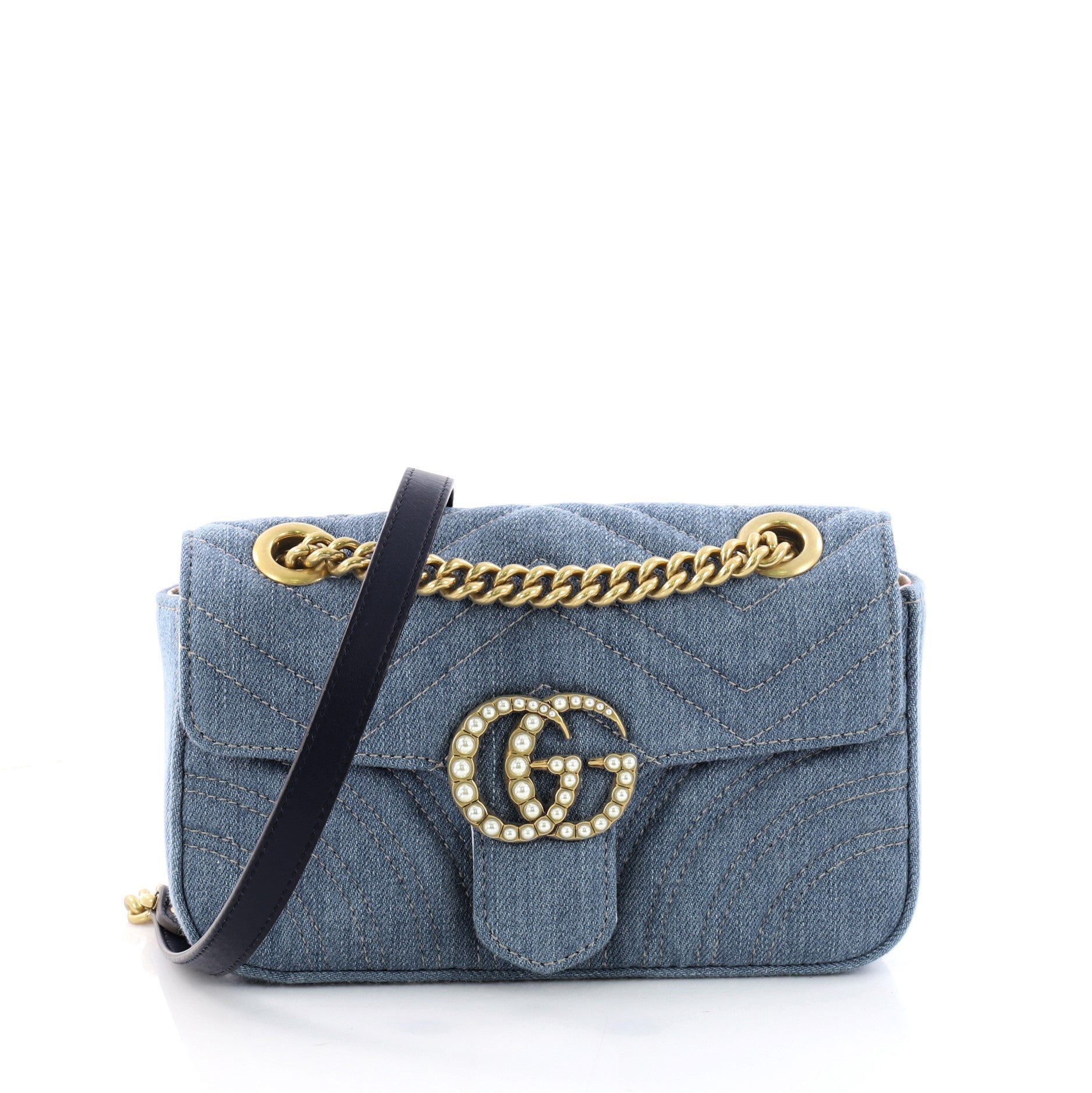 Pearly GG Marmont Flap Bag Matelasse Denim Mini