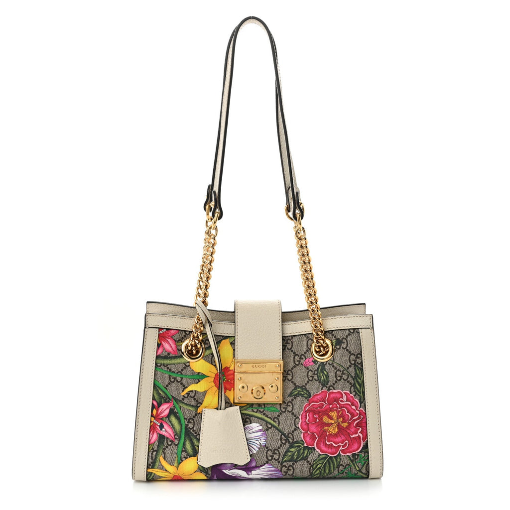 GG Supreme Monogram Flora Textured Calfskin Small Padlock Tote Beige Ebony Multicolor Mystic White