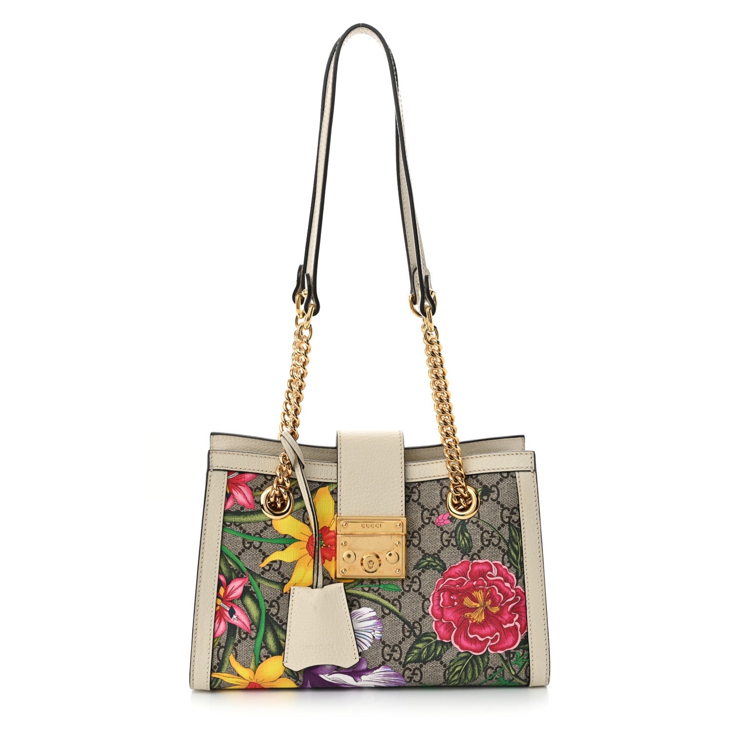 GG Supreme Monogram Flora Textured Calfskin Small Padlock Tote Beige Ebony Multicolor Mystic White