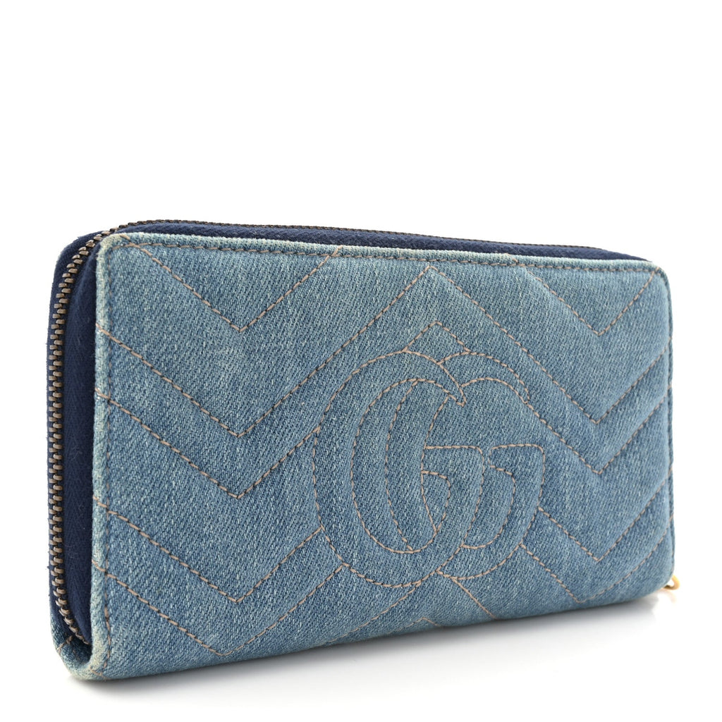 Denim Matelasse Pearly GG Marmont Zip Around Wallet Blue