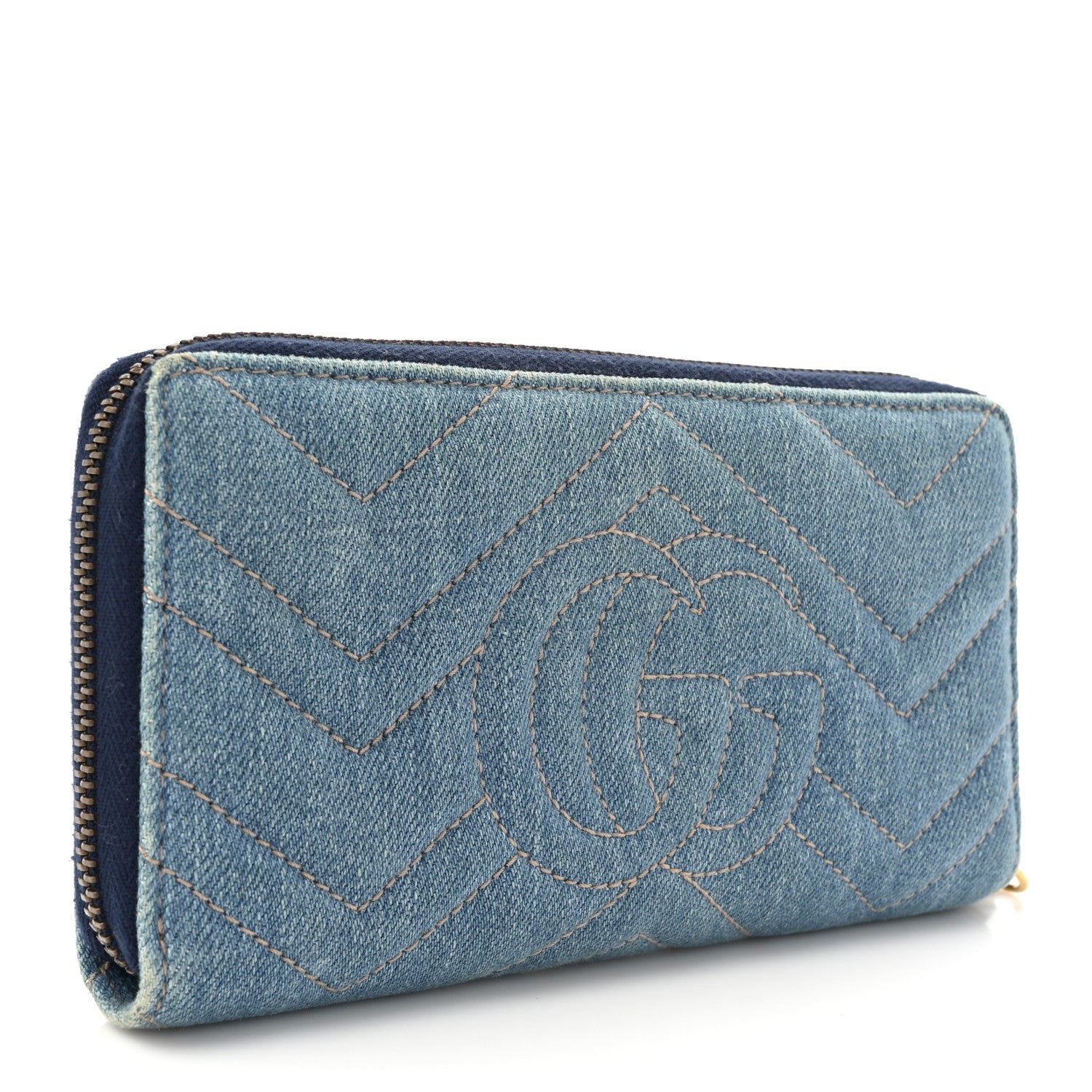 Denim Matelasse Pearly GG Marmont Zip Around Wallet Blue