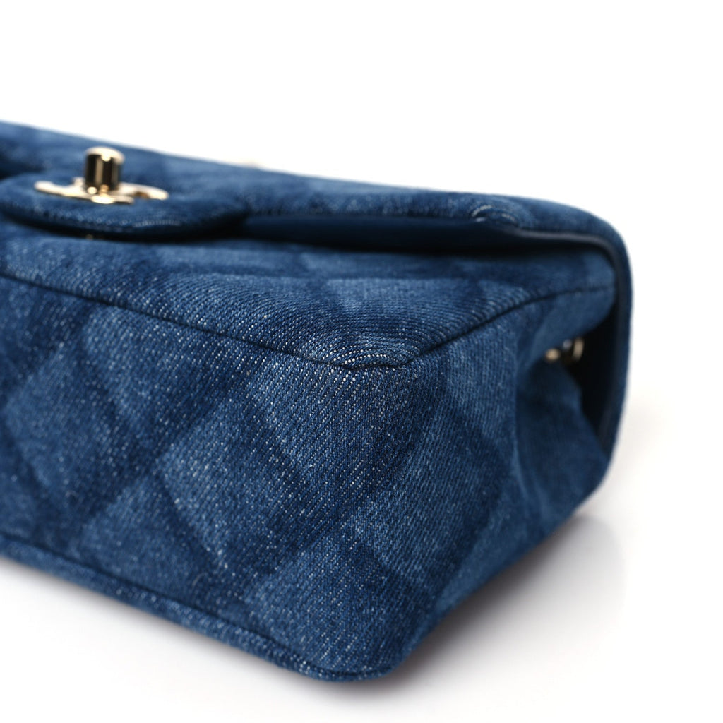 Printed Denim Quilted Mini Rectangular Flap Dark Blue