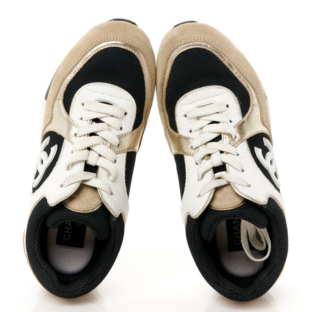 Mesh Suede Calfskin Grained Calfskin Womens CC Sneakers 37 White Black Beige Gold
