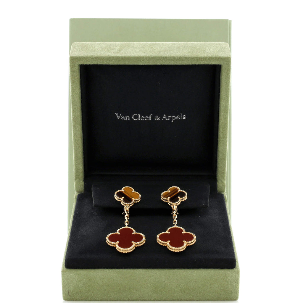 Magic Alhambra 2 Motifs Drop Earrings 18K Yellow Gold with Tiger's Eye and Carnelian