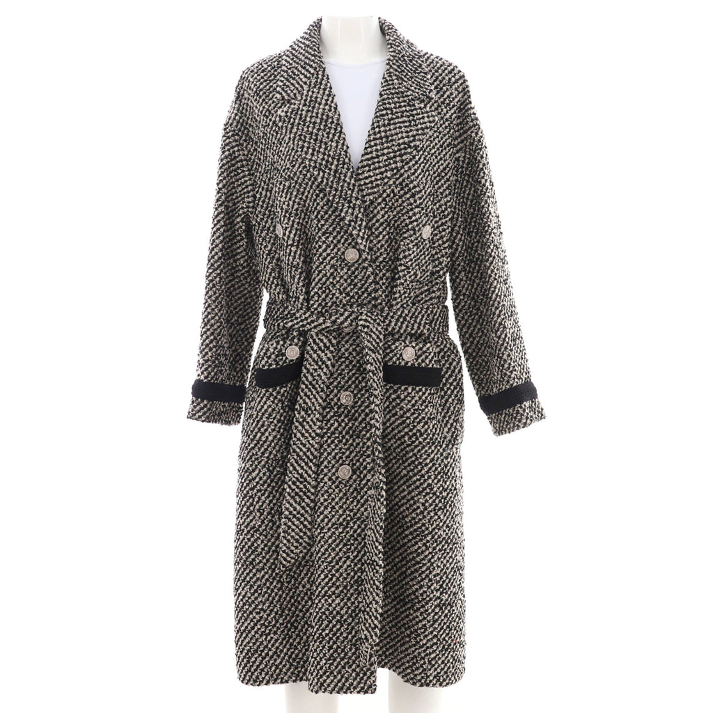 Women's Button Up Belted Long Coat Tweed