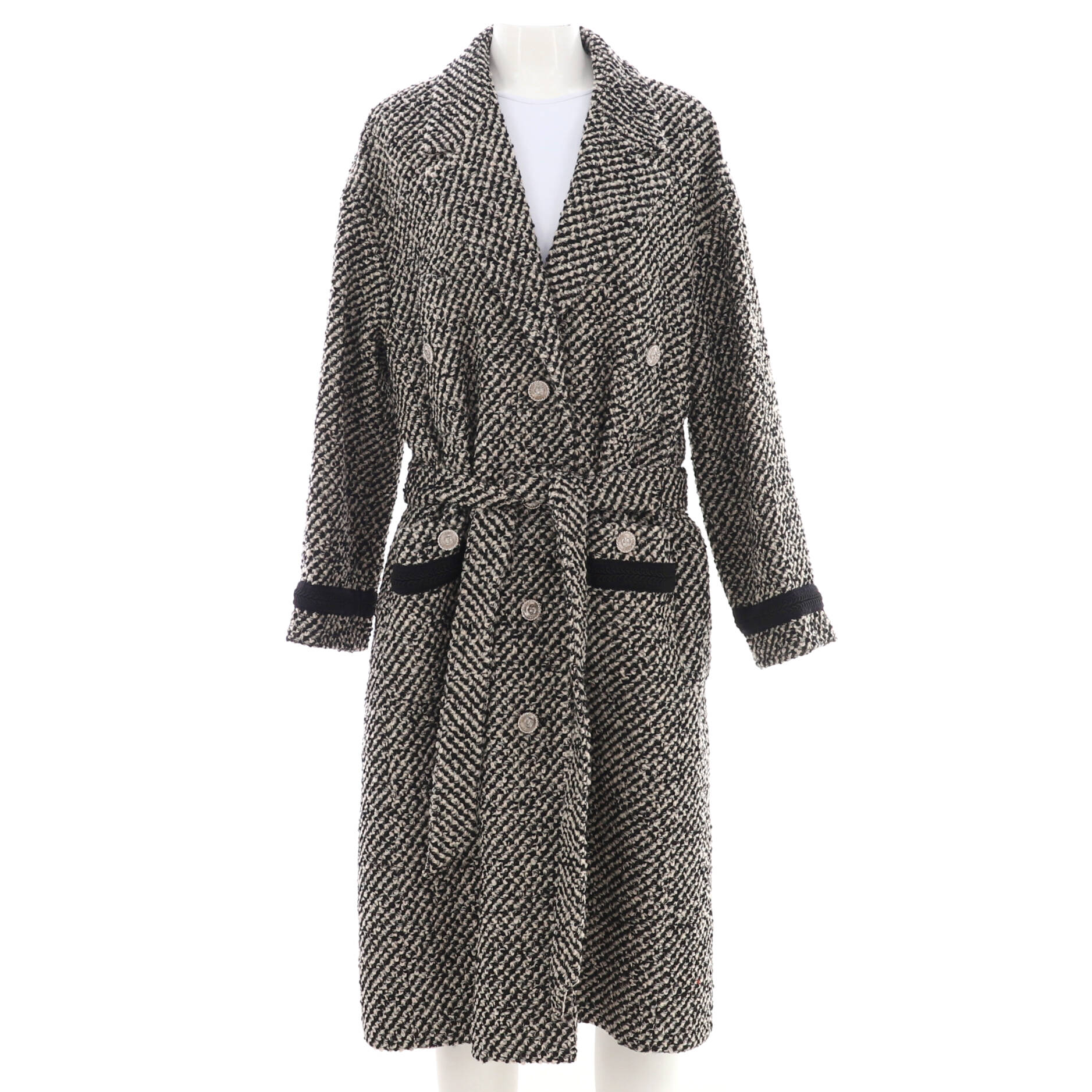 Women's Button Up Belted Long Coat Tweed