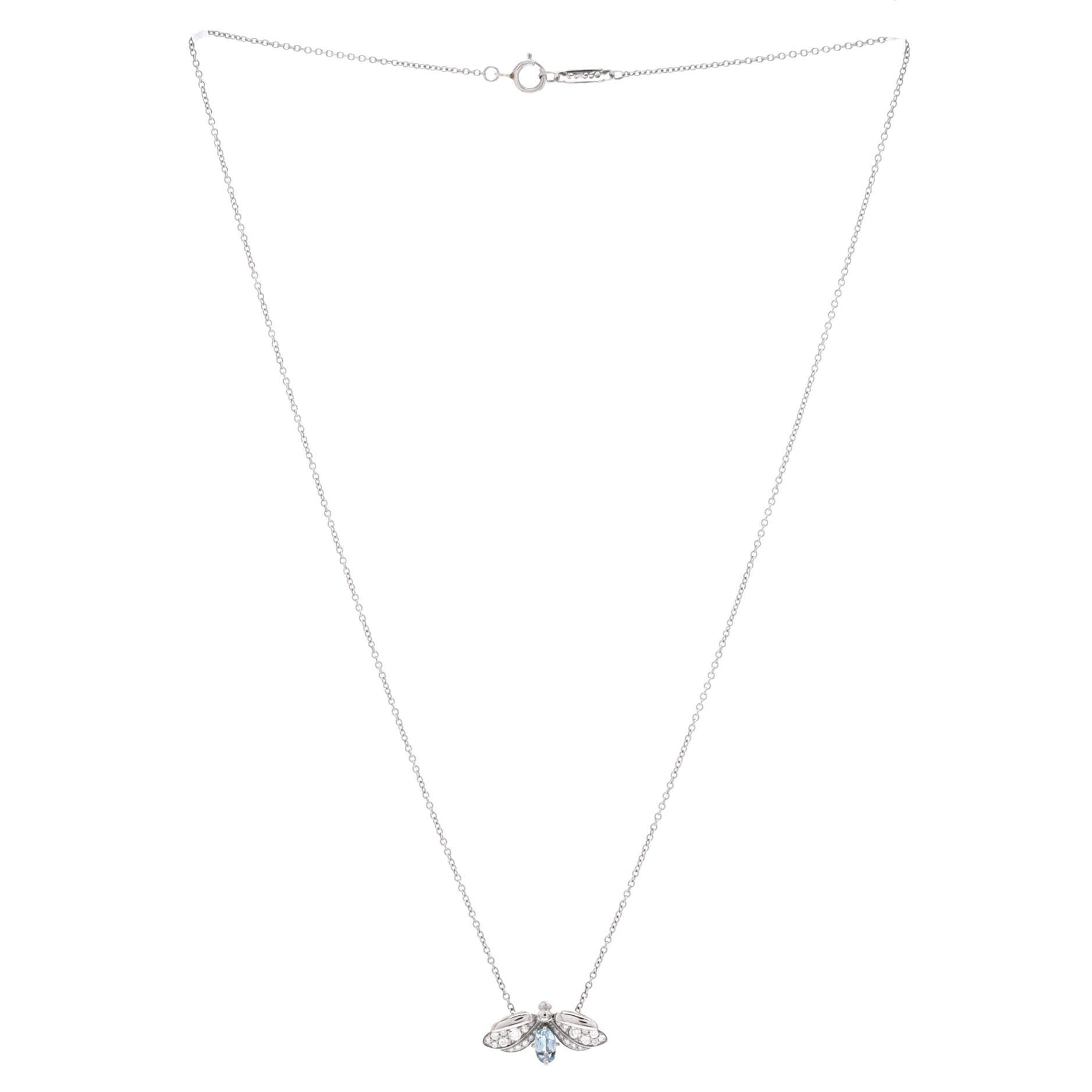 Paper Flowers Firefly Pendant Necklace Platinum with Diamonds and Aquamarine Small