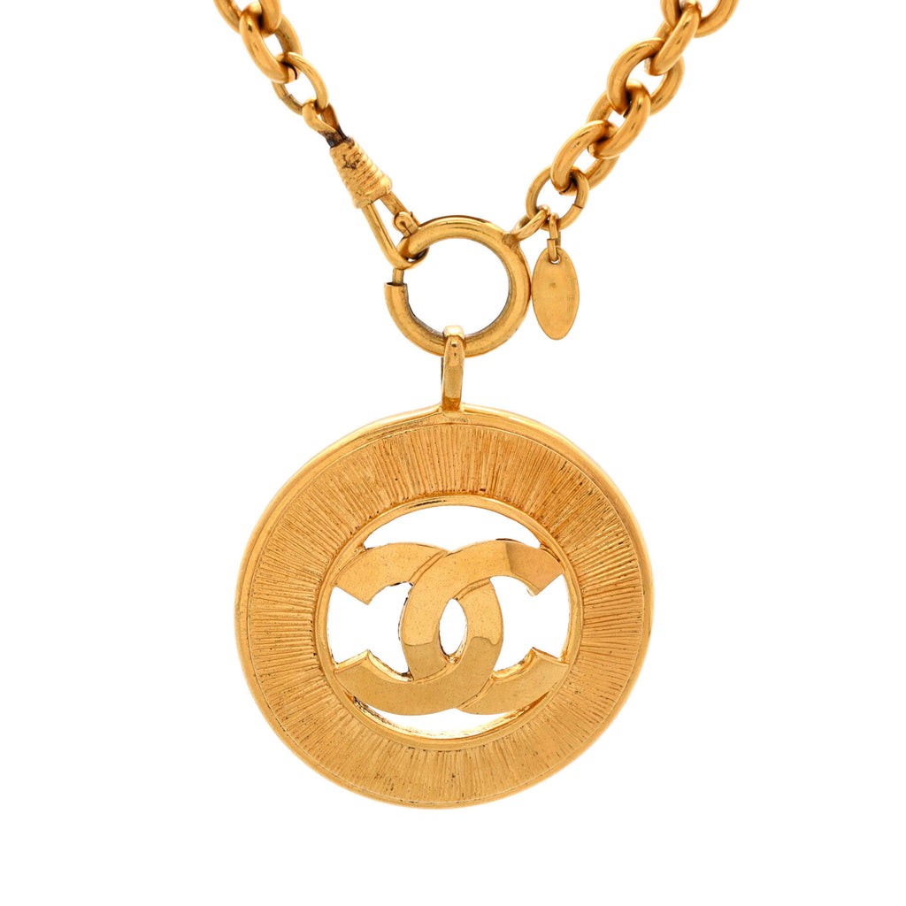 Vintage CC Round Cut-Out Pendant Necklace Metal
