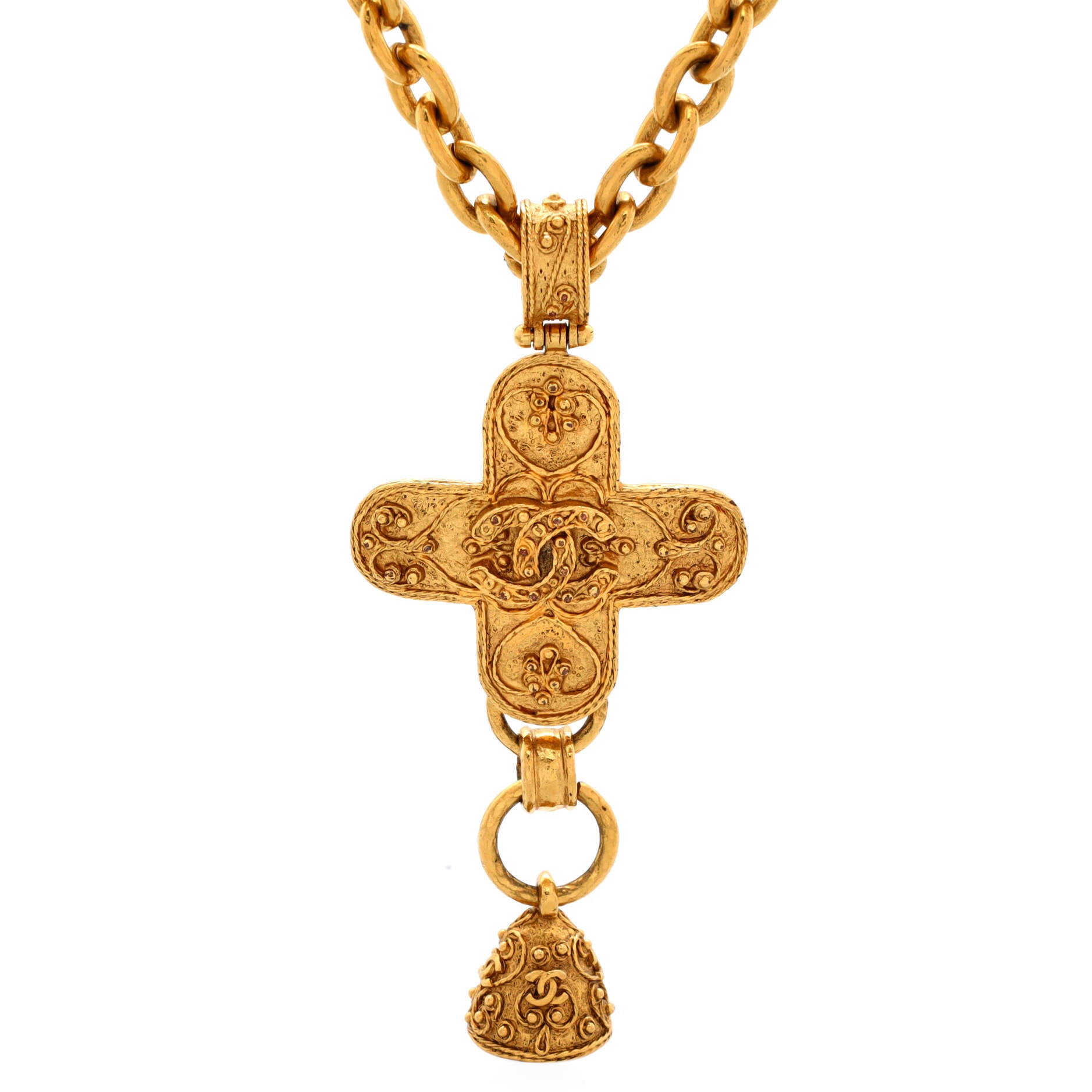 Vintage CC Cross and Bell Pendant Necklace Metal