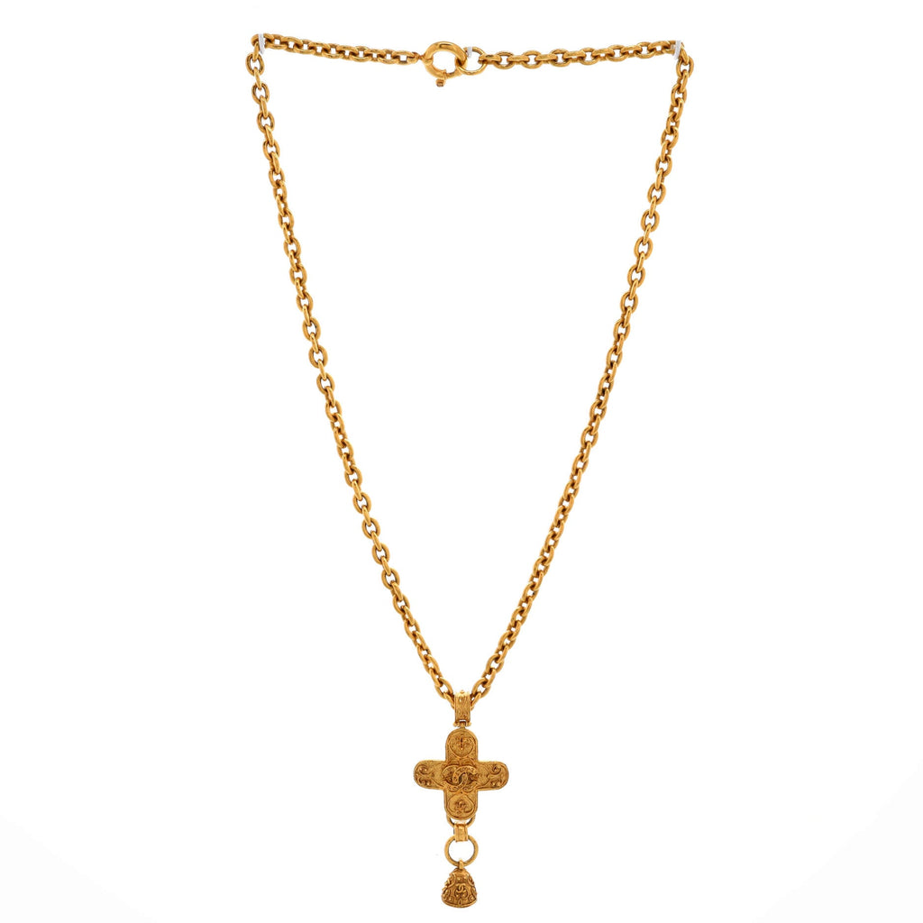 Vintage CC Cross and Bell Pendant Necklace Metal