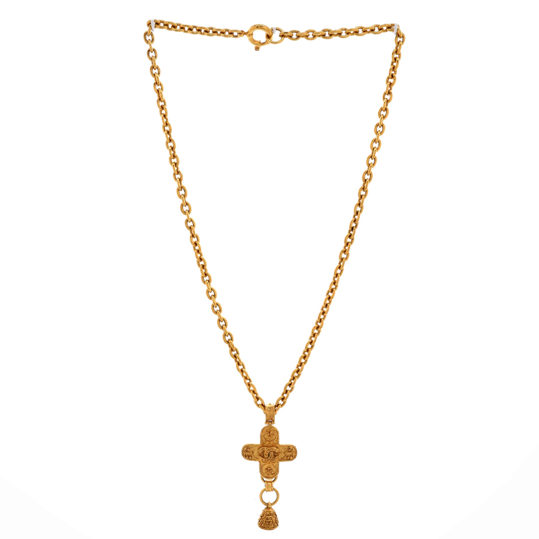 Vintage CC Cross and Bell Pendant Necklace Metal