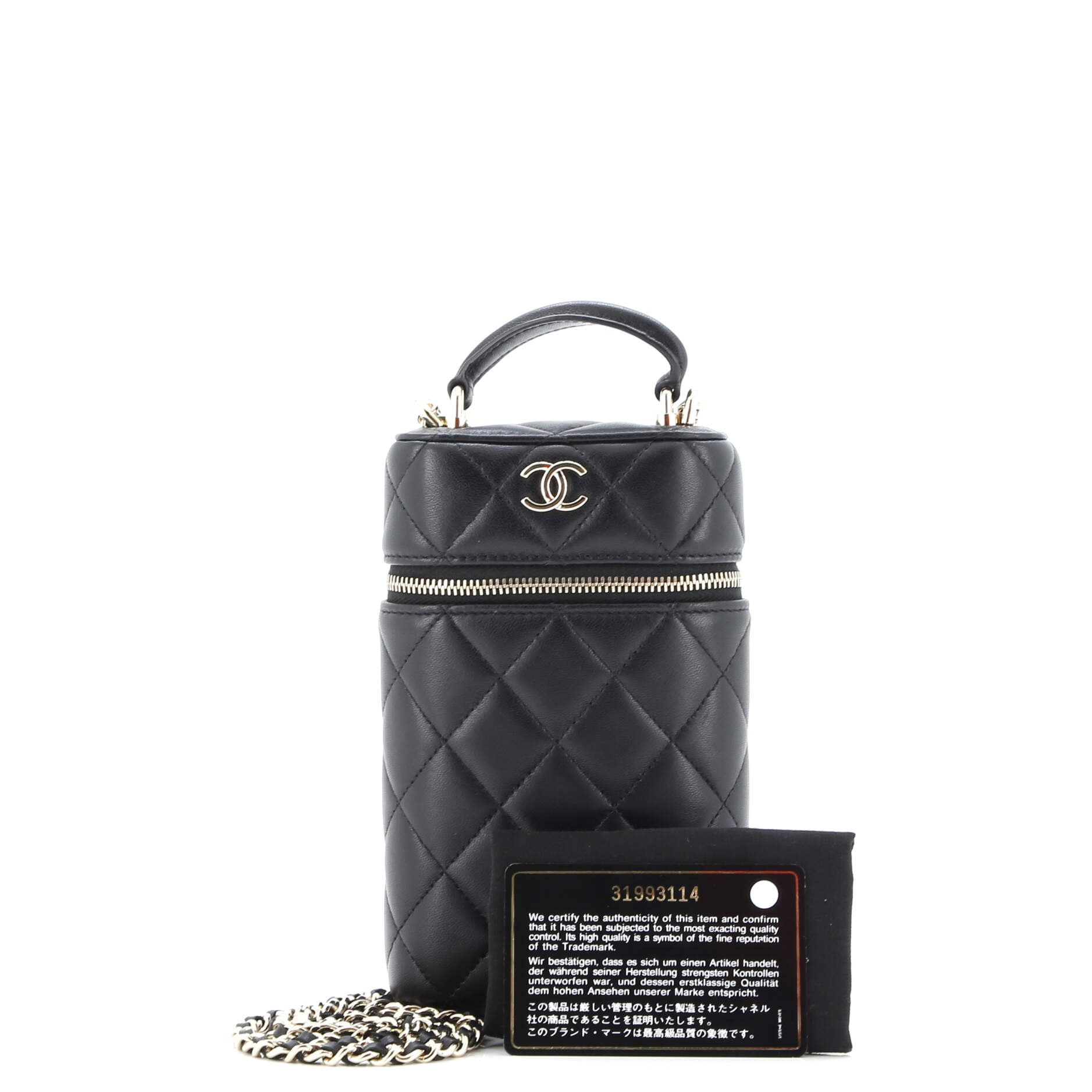 Classic Vanity Top Handle Phone Holder with Chain Quilted Lambskin
