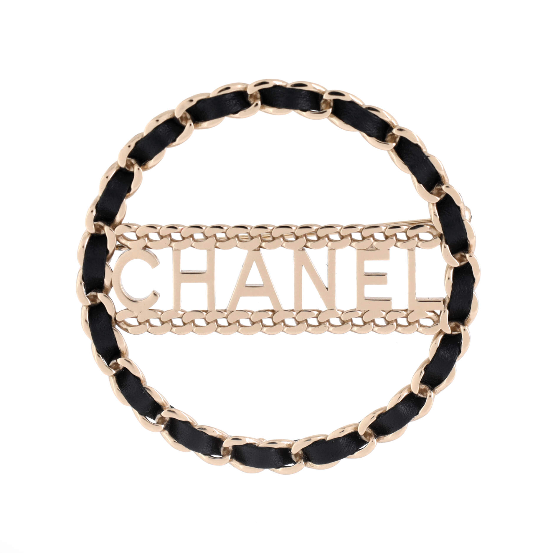 Logo Chain Link Round Brooch Metal with Leather