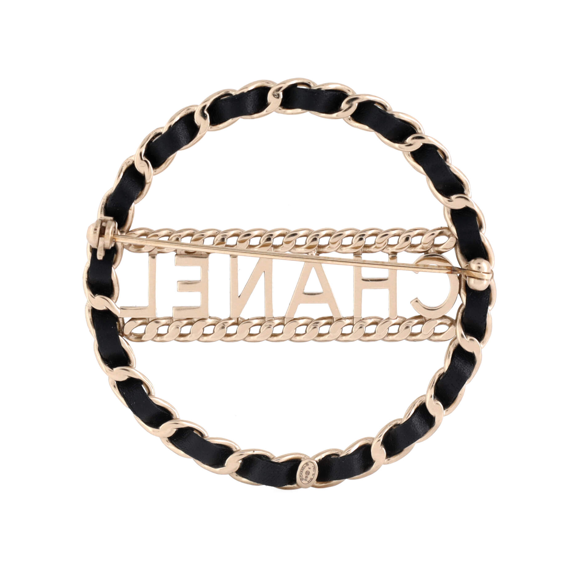 Logo Chain Link Round Brooch Metal with Leather
