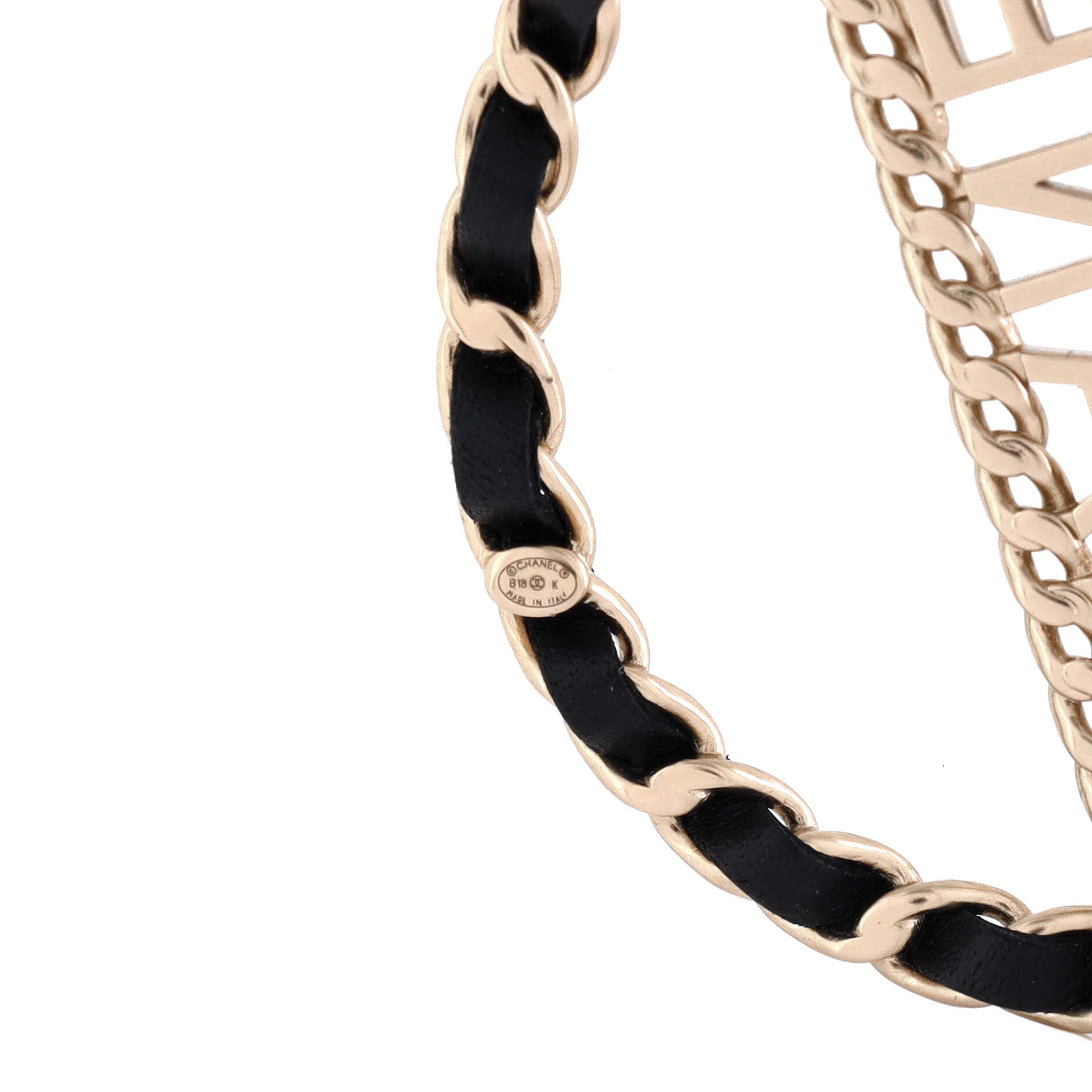 Logo Chain Link Round Brooch Metal with Leather