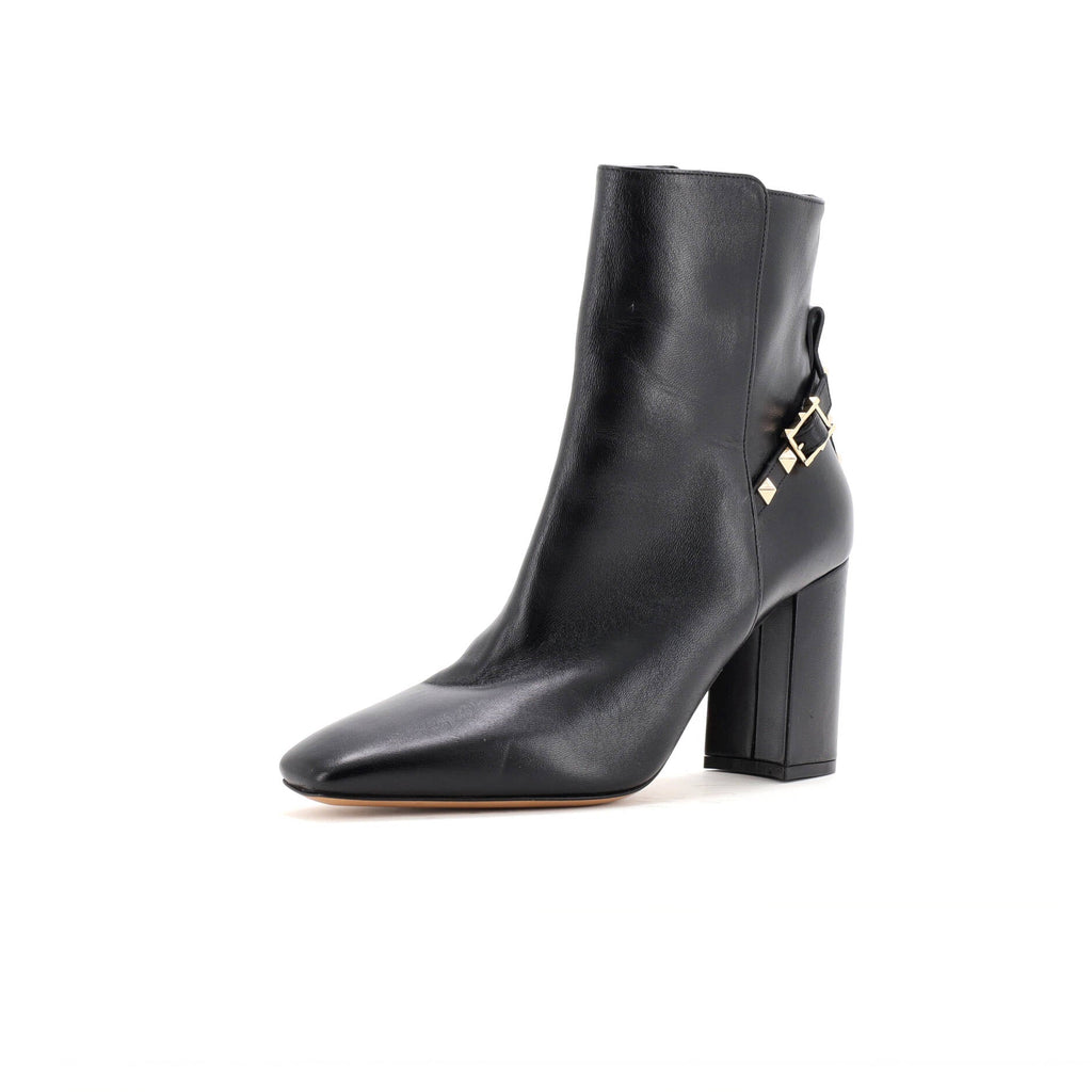 Women's Rockstud Belted Squared Toe Heeled Ankle Boots Leather