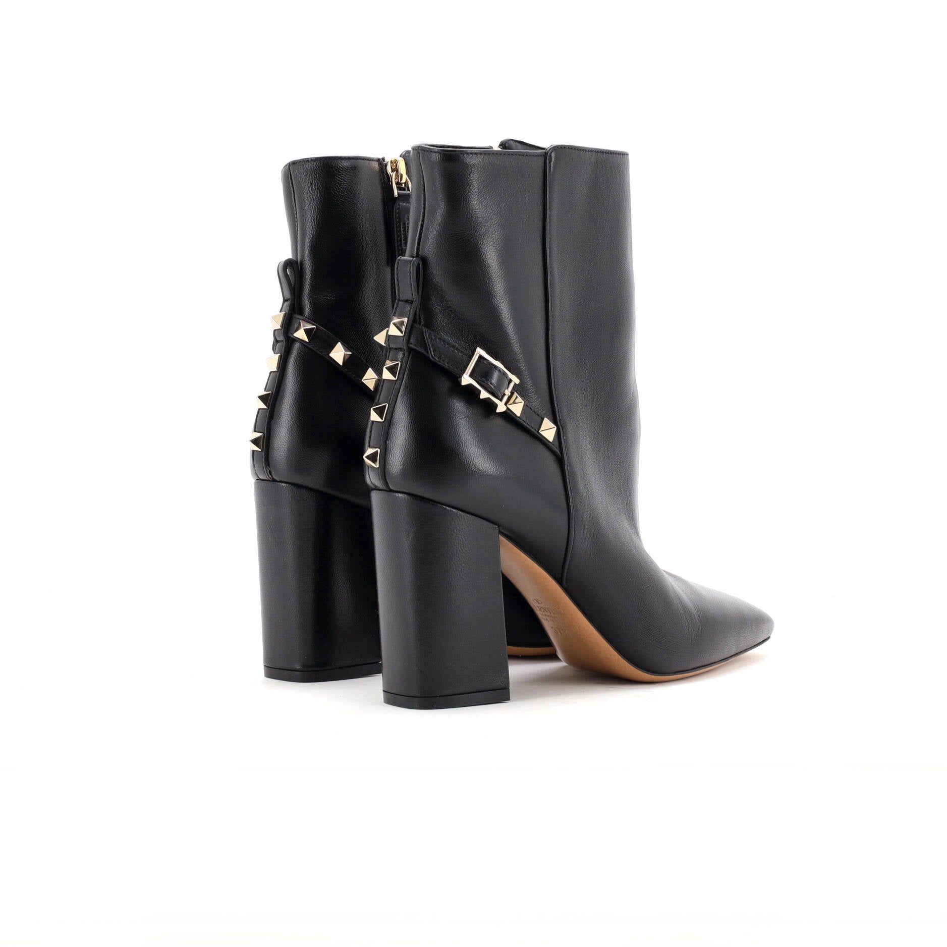 Women's Rockstud Belted Squared Toe Heeled Ankle Boots Leather