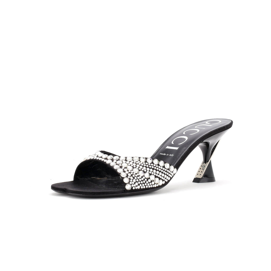 Women's Crossing Heels Slide Sandals Crystal Embellished Satin