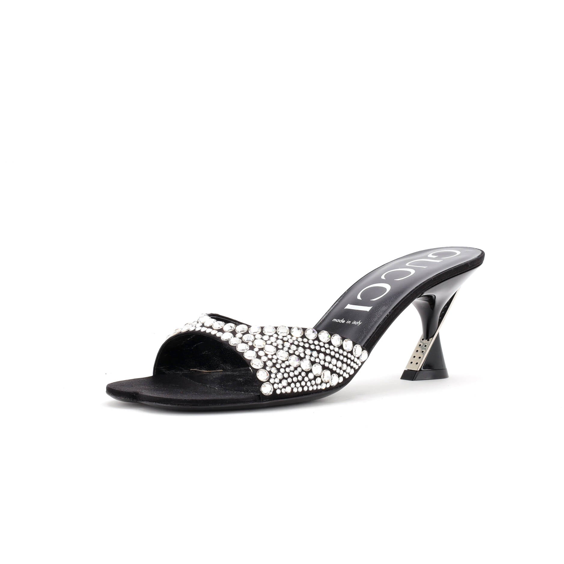 Women's Crossing Heels Slide Sandals Crystal Embellished Satin