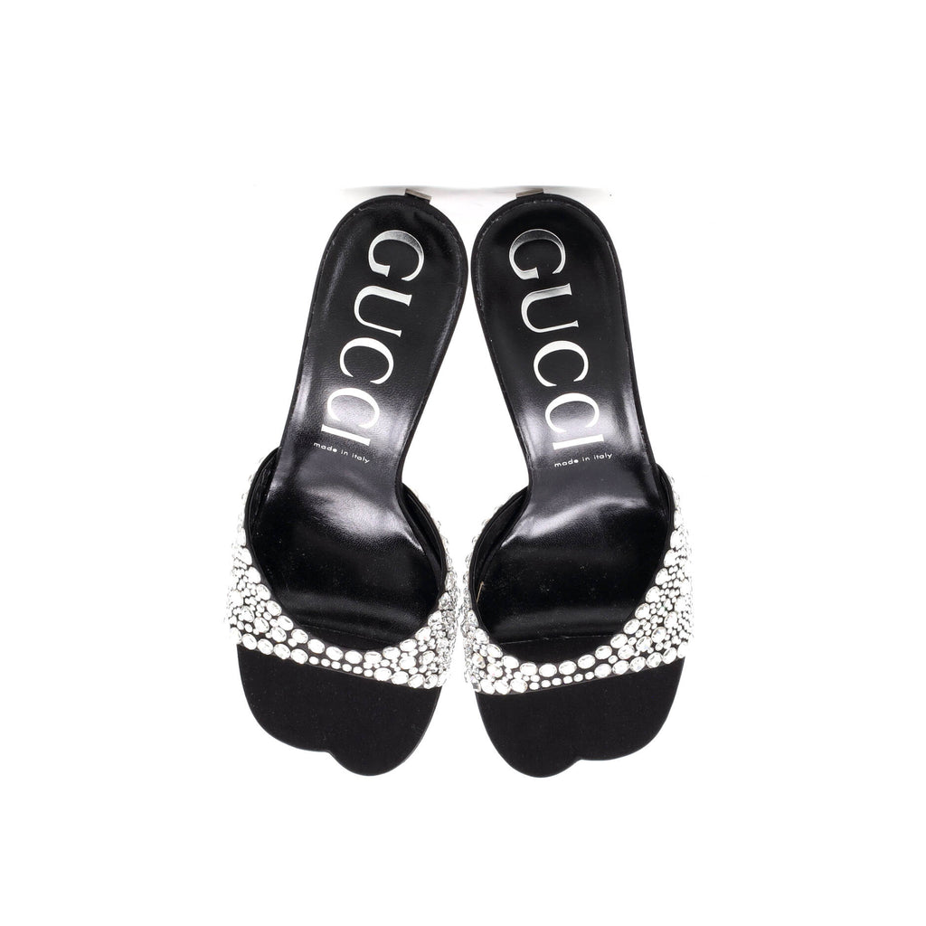 Women's Crossing Heels Slide Sandals Crystal Embellished Satin