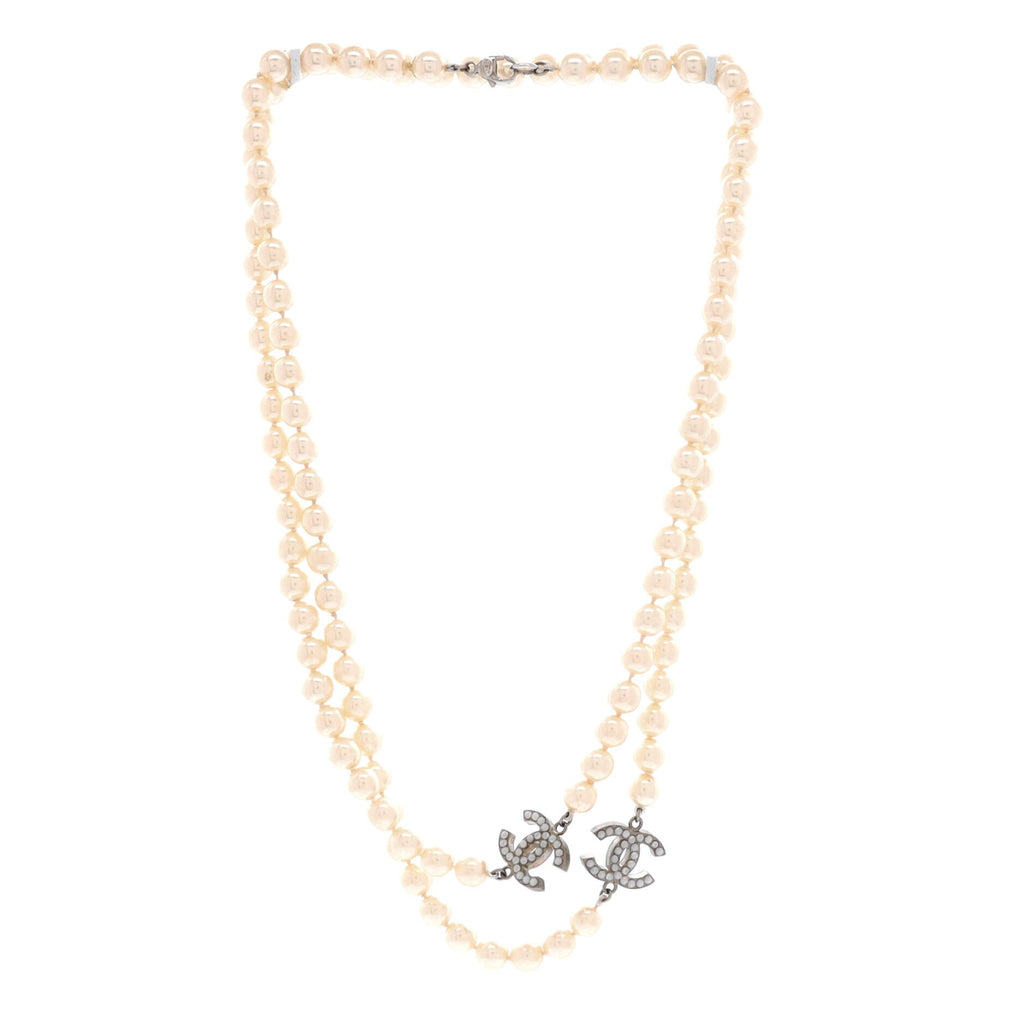 CC Station Long Necklace Metal with Faux Pearls