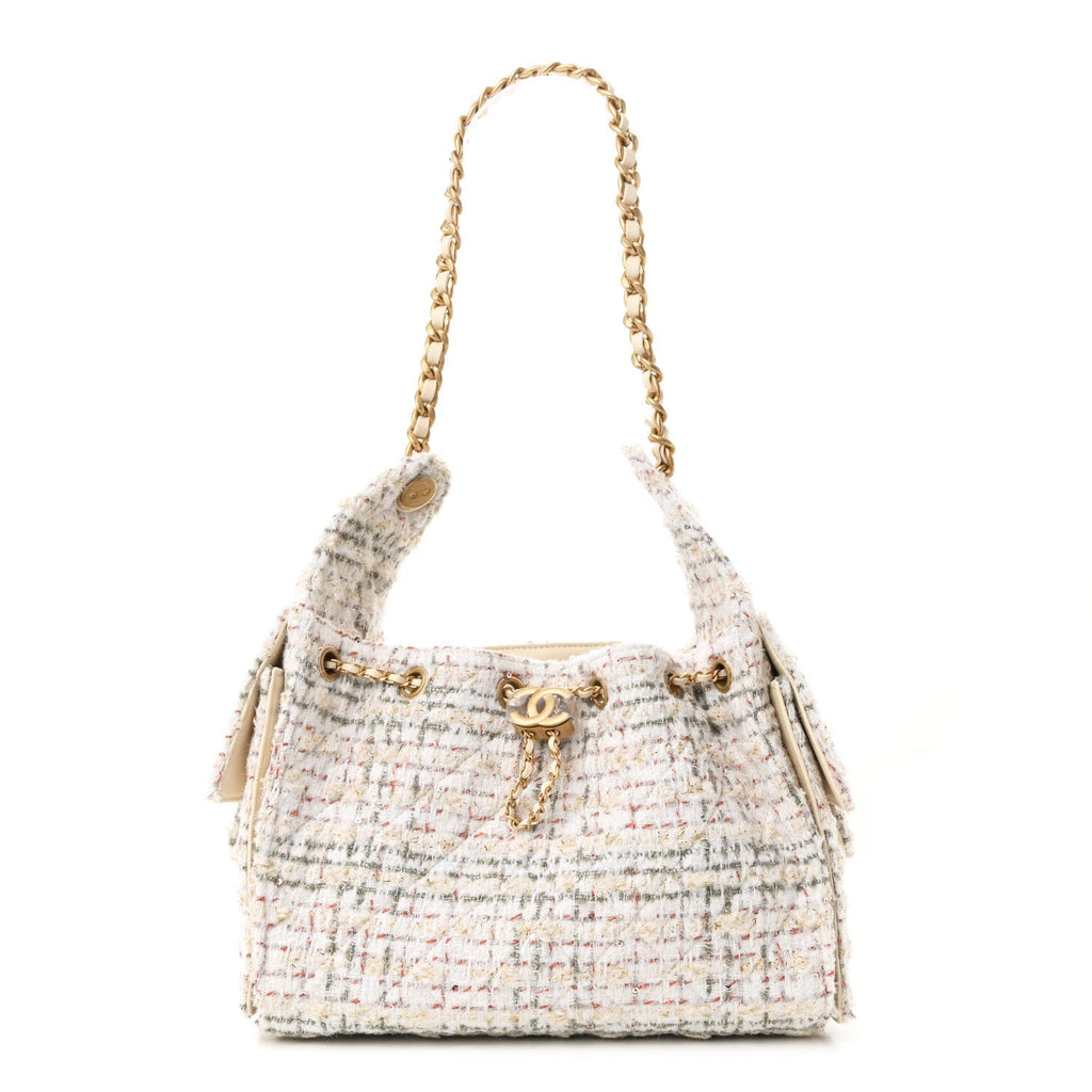 Tweed Quilted Small Chanel 25 Handbag Ecru Khaki Gold Red