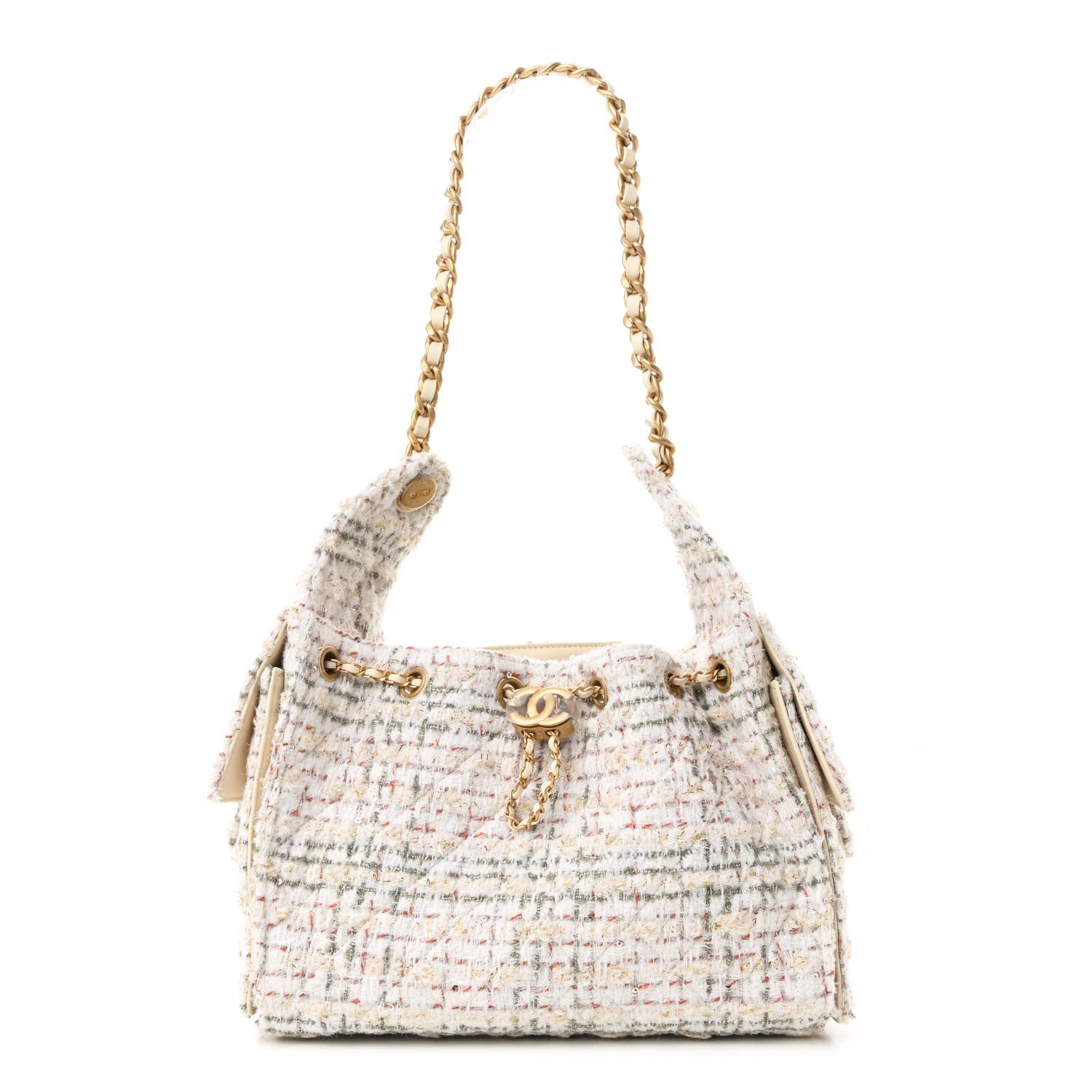 Tweed Quilted Small Chanel 25 Handbag Ecru Khaki Gold Red