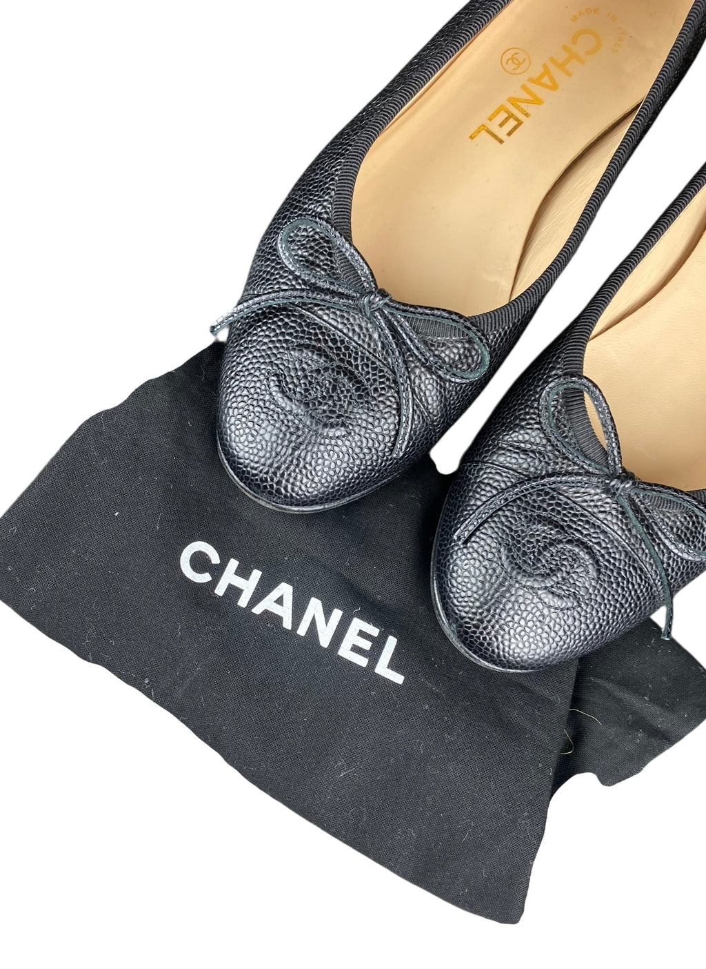Chanel Black Leather Interlocking CC Bow Logo Flats - 35