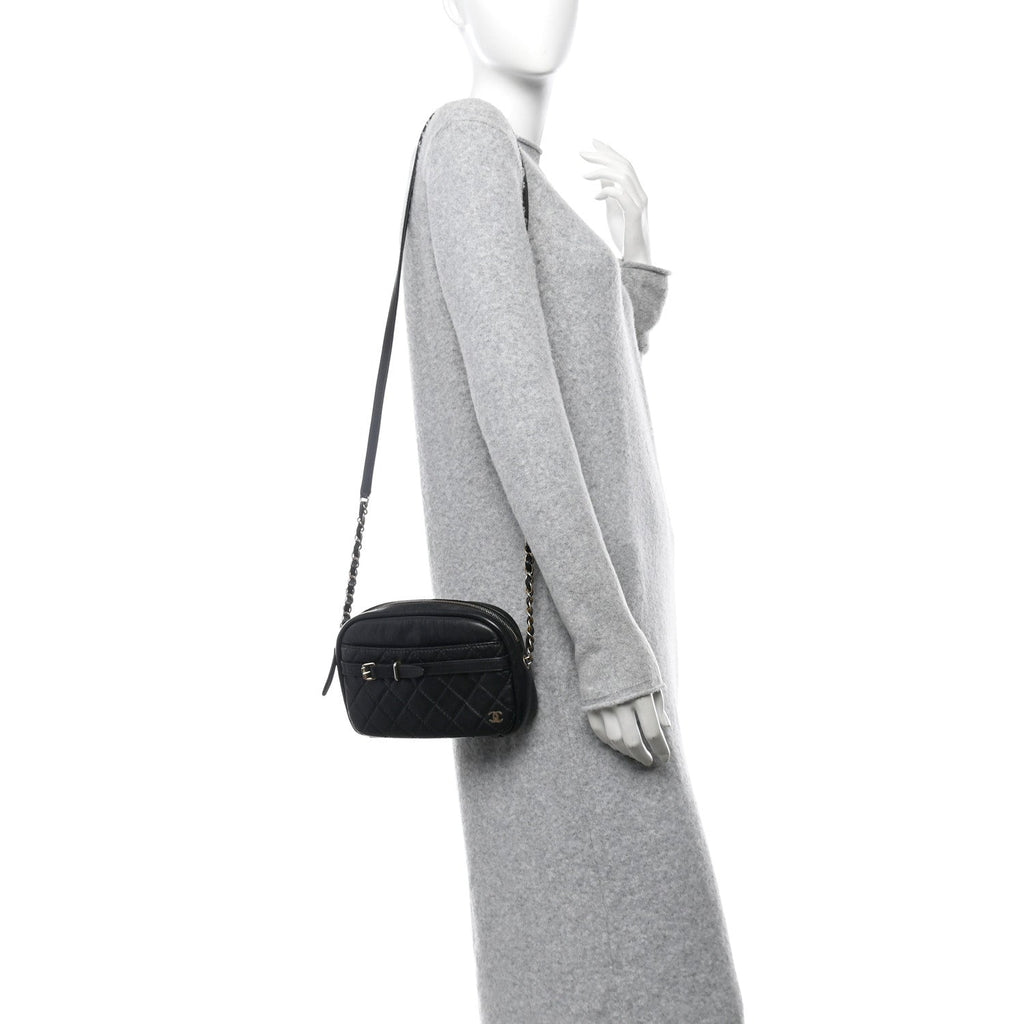 Lambskin Quilted Medium Buckle Camera Case Bag Black