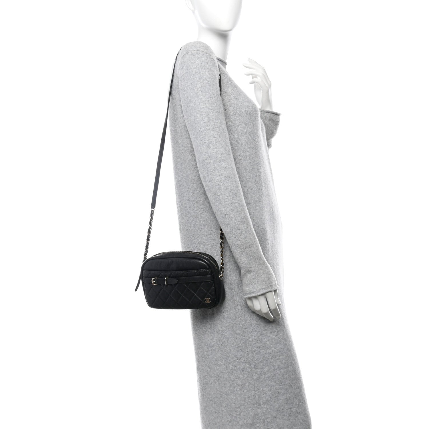 Lambskin Quilted Medium Buckle Camera Case Bag Black