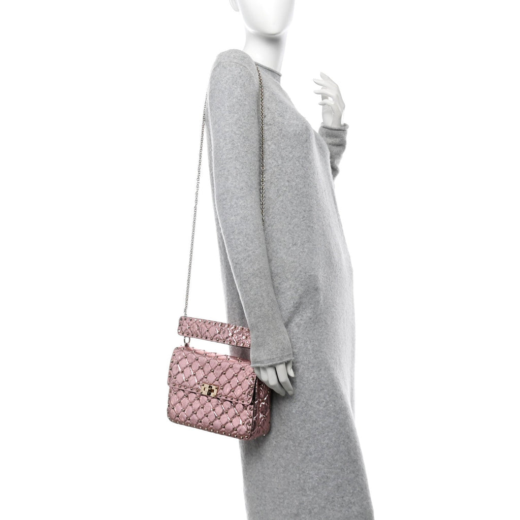 Metallic Wrinkled Lambskin Medium Rockstud Spike Shoulder Bag Lipstick