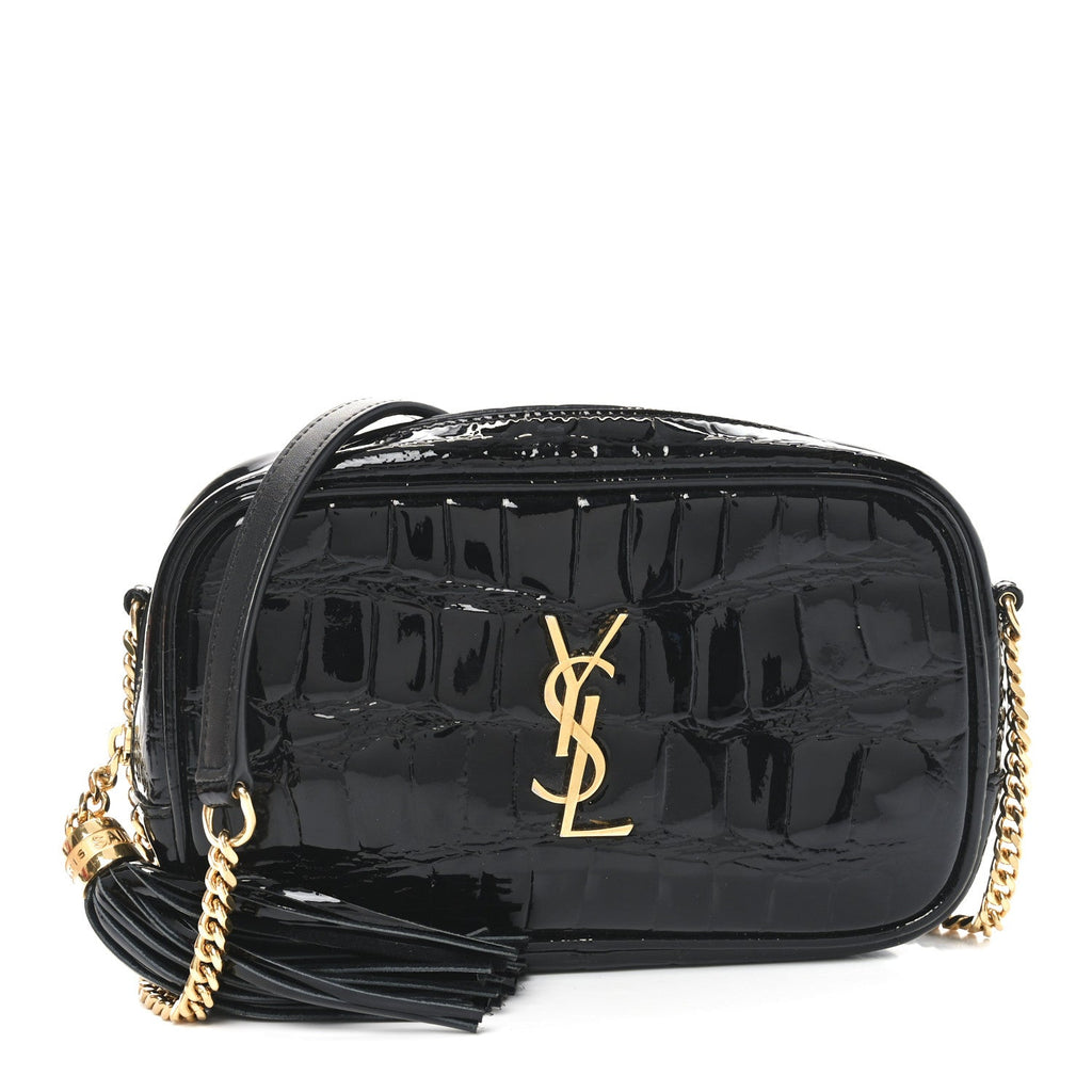 Patent Calfskin Crocodile Embossed Monogram Mini Lou Camera Bag Black