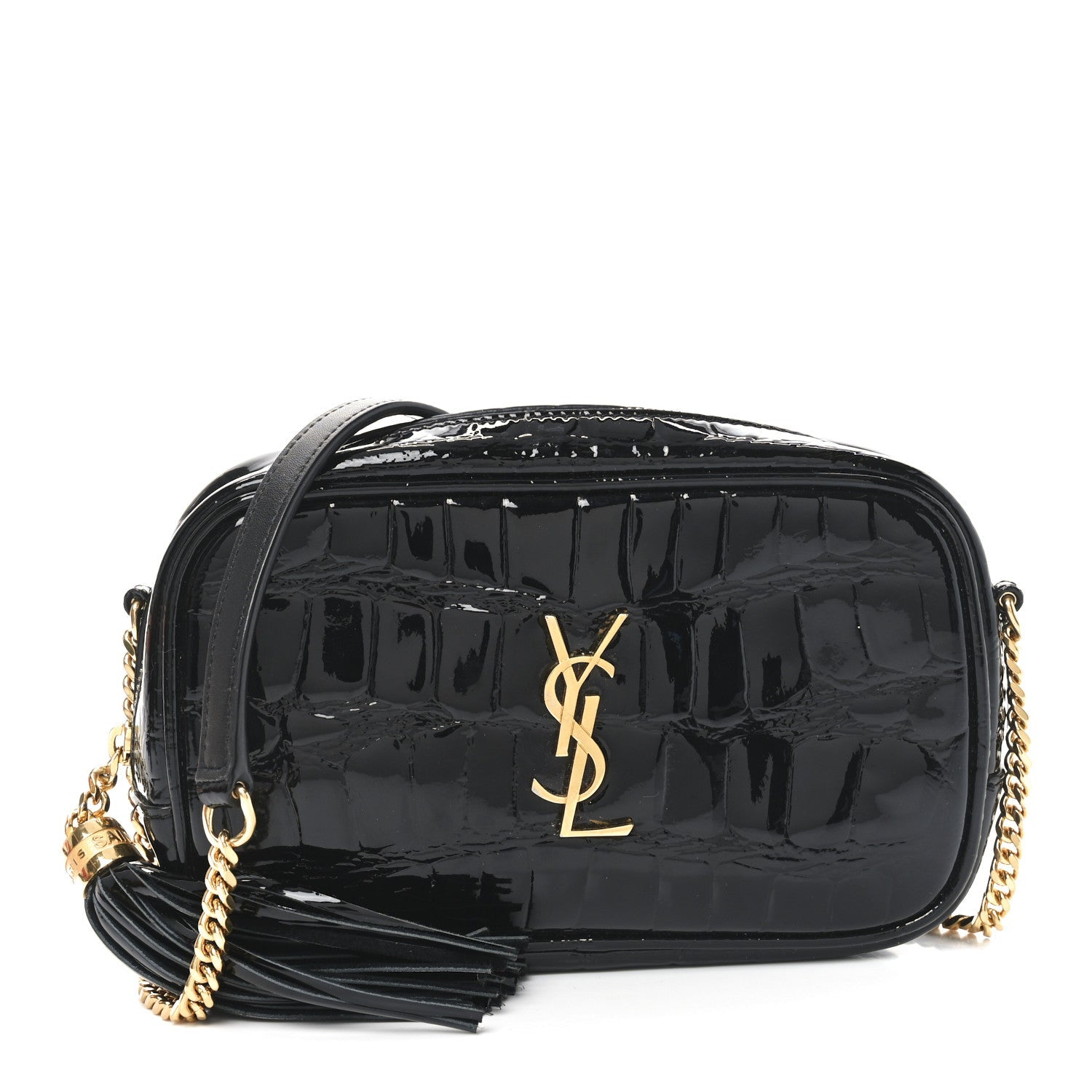 Patent Calfskin Crocodile Embossed Monogram Mini Lou Camera Bag Black