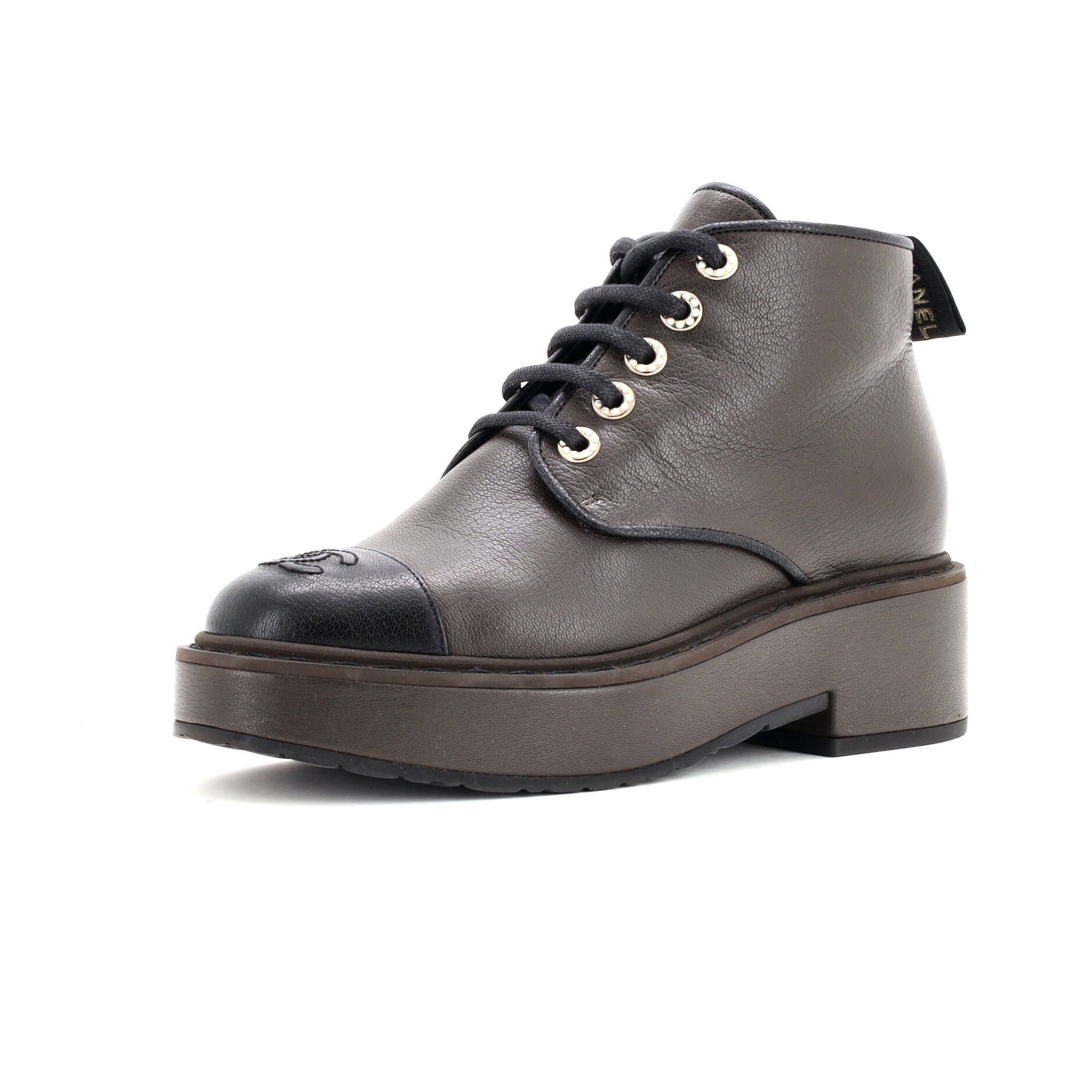 Women's CC Cap Toe Short Combat Boots Leather with Faux Pearls