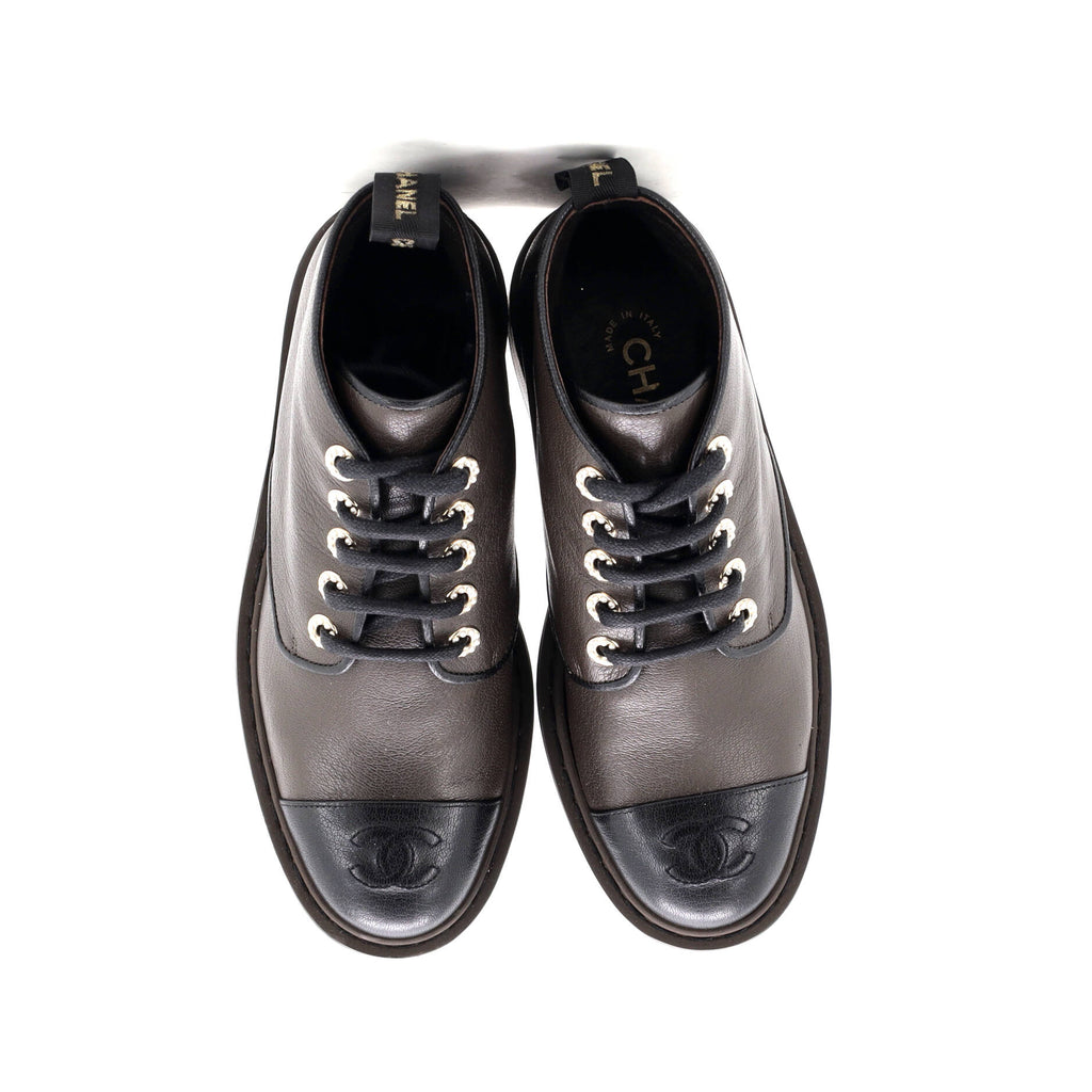 Women's CC Cap Toe Short Combat Boots Leather with Faux Pearls
