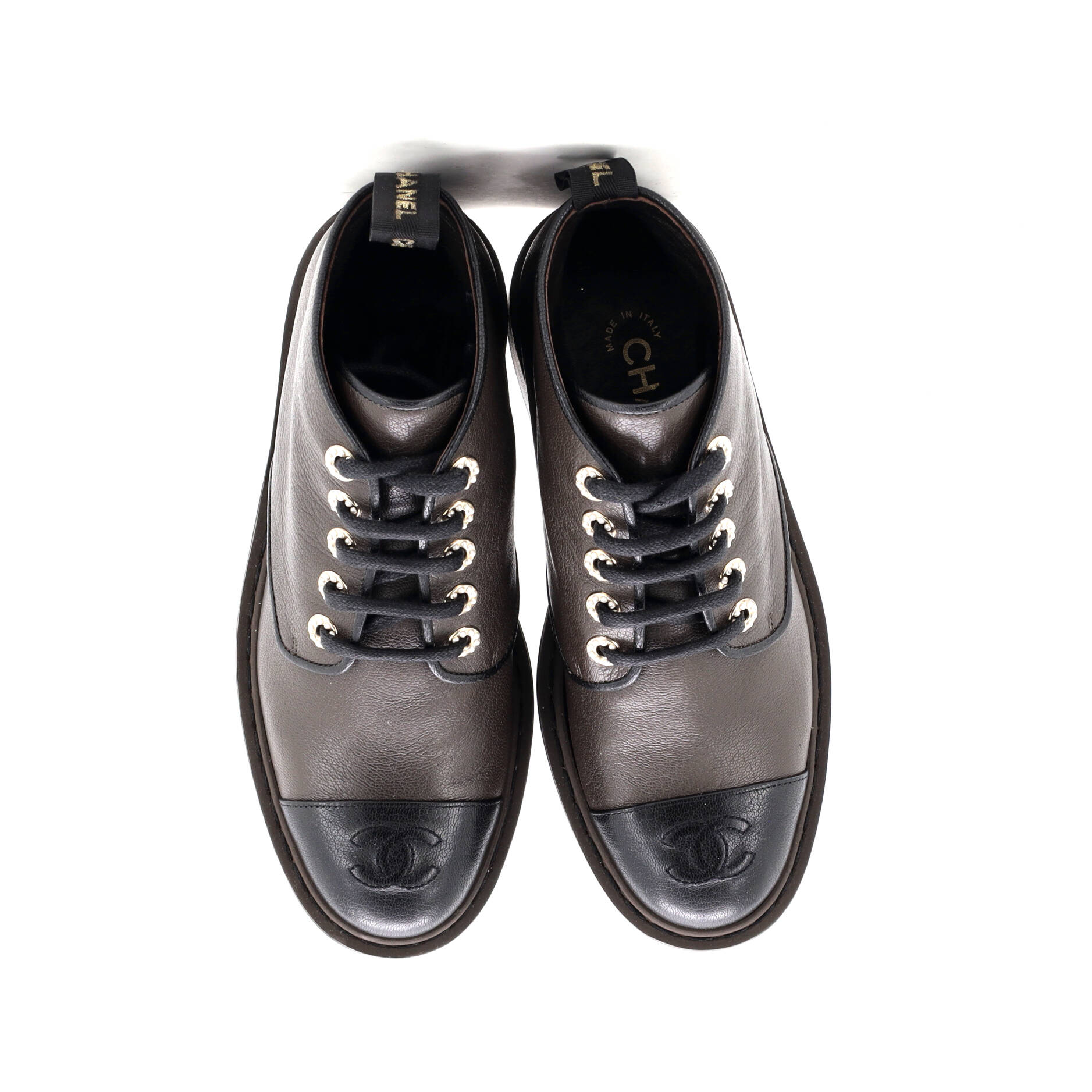 Women's CC Cap Toe Short Combat Boots Leather with Faux Pearls