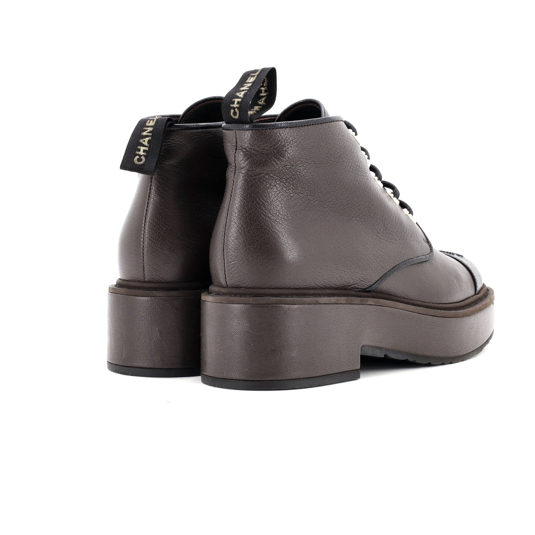 Women's CC Cap Toe Short Combat Boots Leather with Faux Pearls
