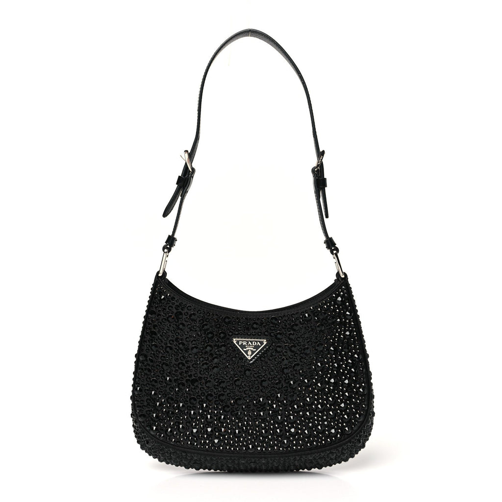 Satin Crystal Cleo Adjustable Strap Shoulder Bag Black