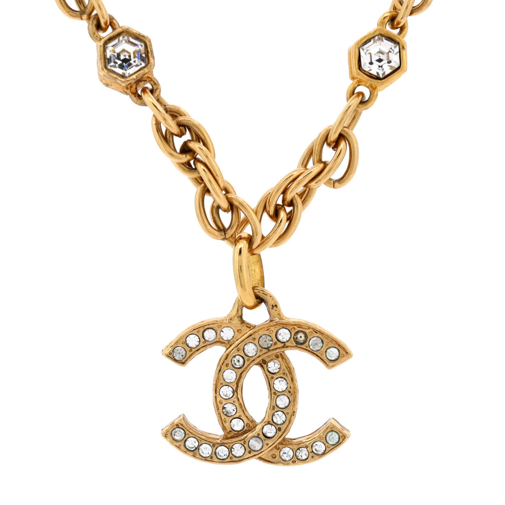 Vintage CC Pendant Choker Necklace Metal with Crystals