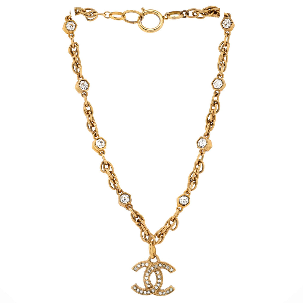 Vintage CC Pendant Choker Necklace Metal with Crystals