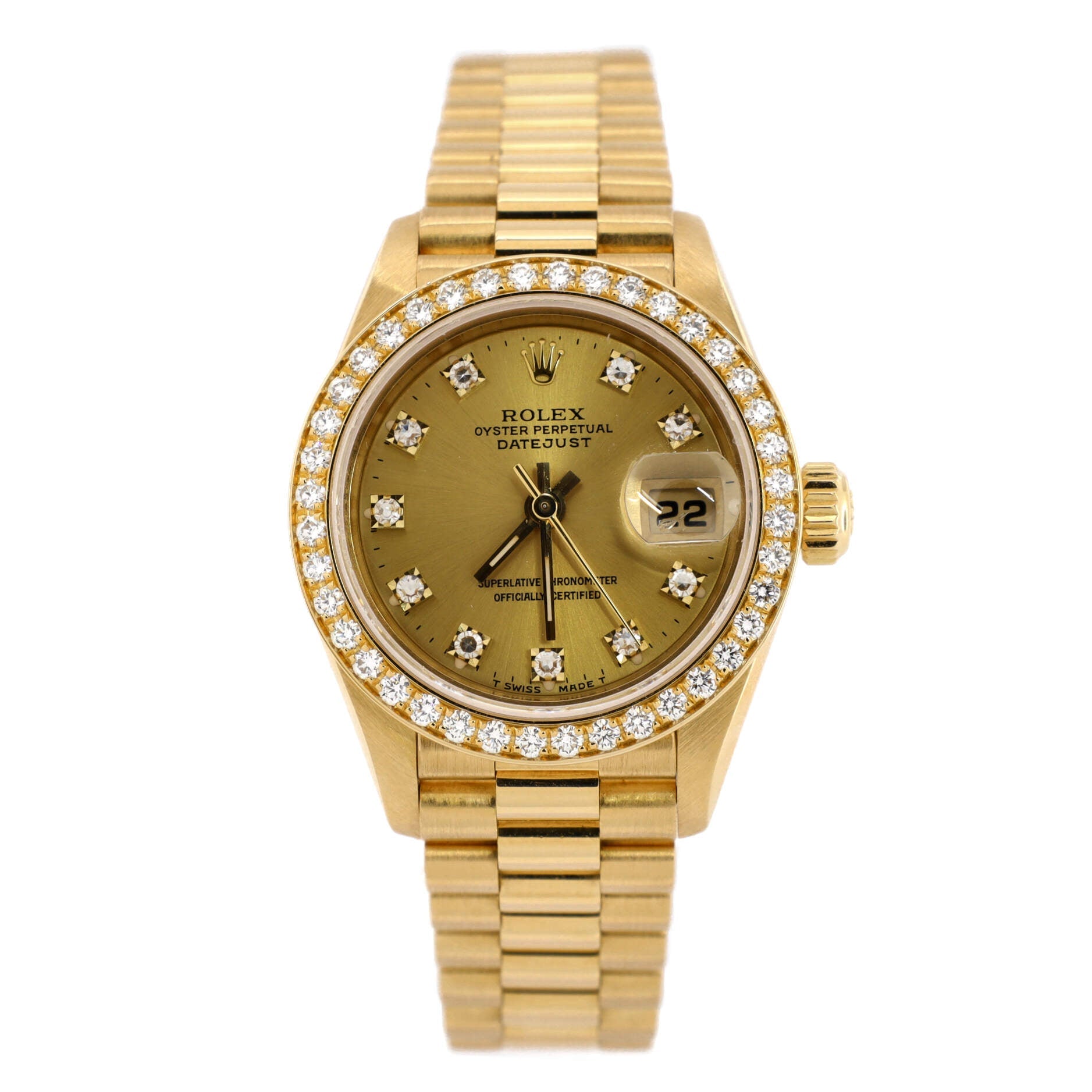 Oyster Perpetual President Datejust Automatic Watch Yellow Gold with Diamond Bezel and Markers 26