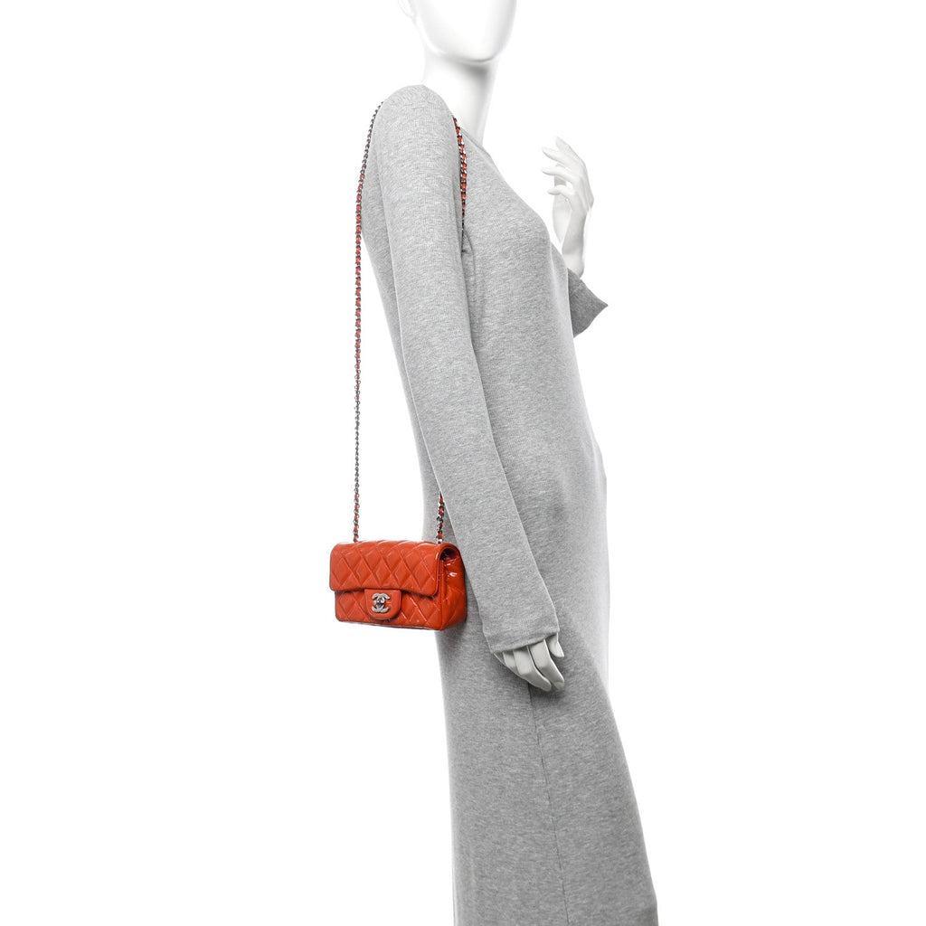 Patent Calfskin Quilted Extra Mini Rectangular Flap Orange