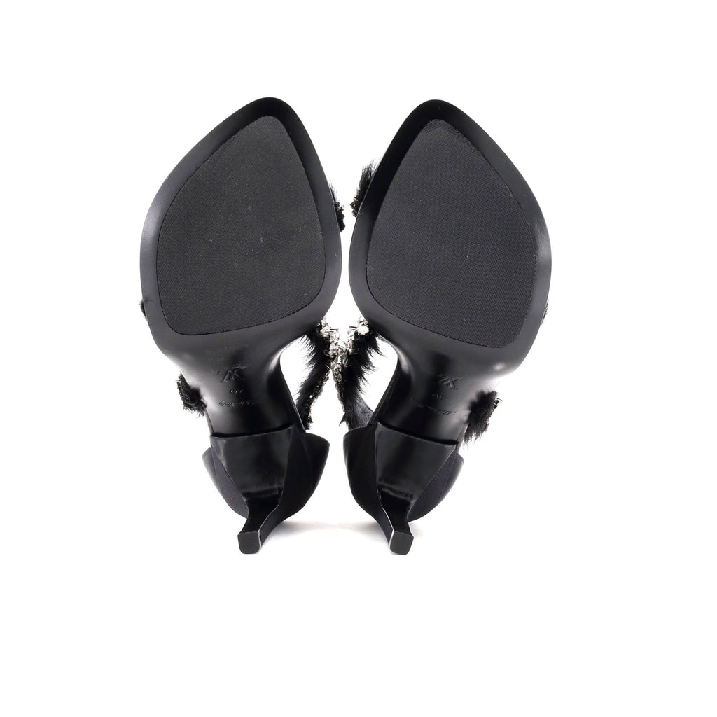 Women's Strap Heeled Sandals Crystal Embellished Satin with Calf Hair